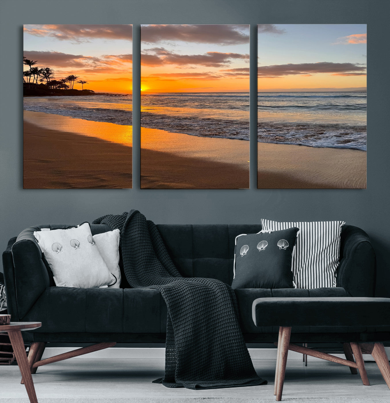 64381660-MGV-CV-36X24-Tropical Beach Wall Art – Framed Sunset Ocean Canvas Artwork, Golden Shore Design, Modern Coastal Decor for Home, Office