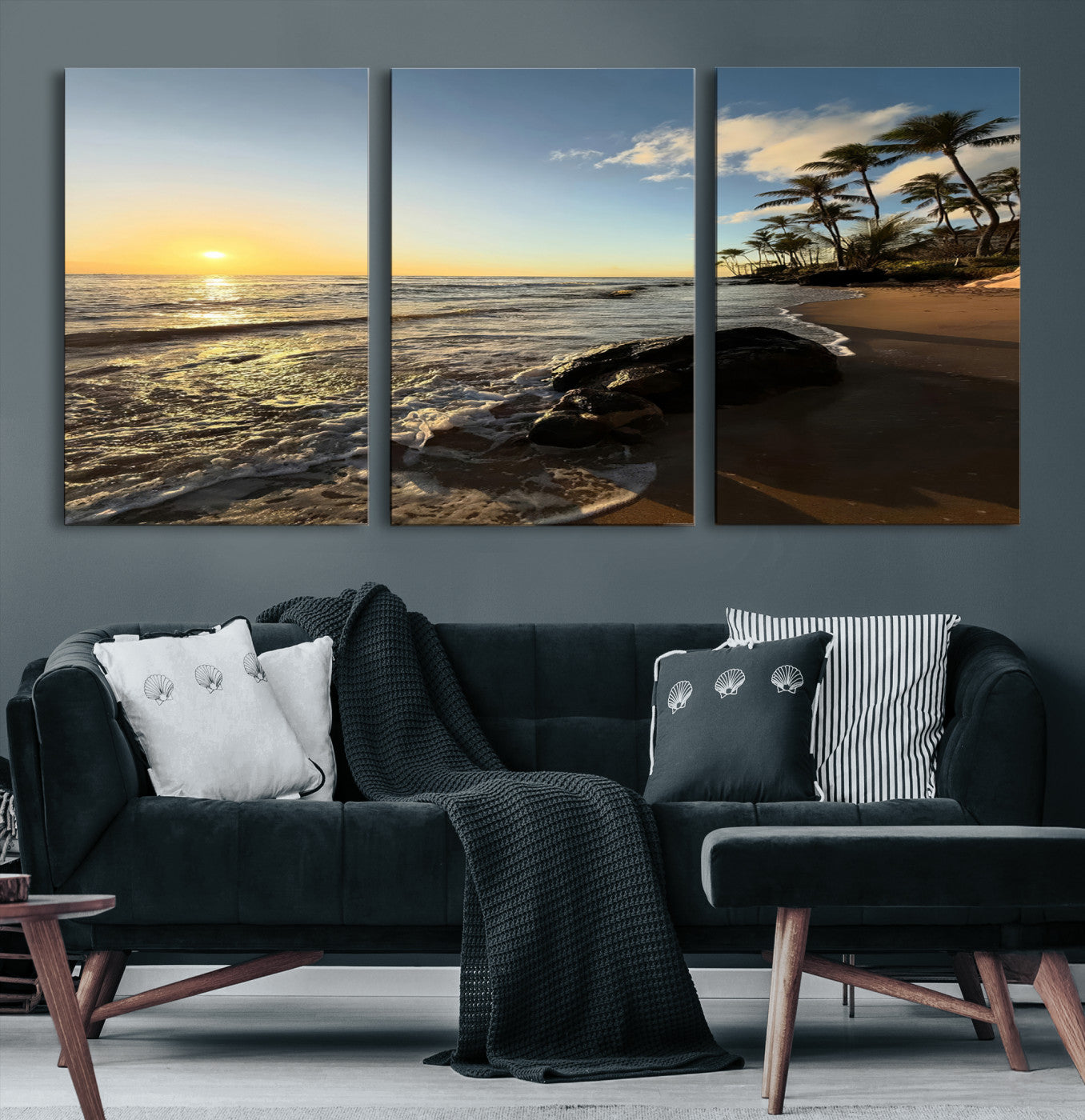 Canvas of a golden sunset on a tropical beach with palm trees and calm waves, perfect for coastal or island-themed home decor.