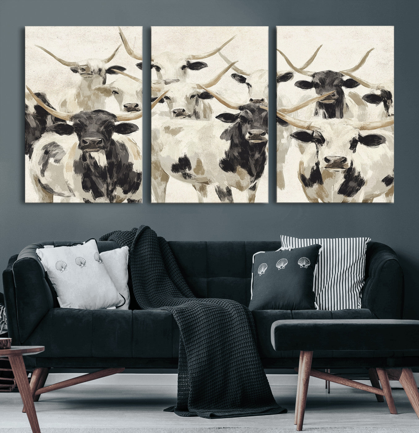 28732868-MGV-CV-60X30-3P-Longhorn Texas Cow Drawing Abstract Wall Art Canvas Print for Farmhouse Decor, Texas Bull Printing