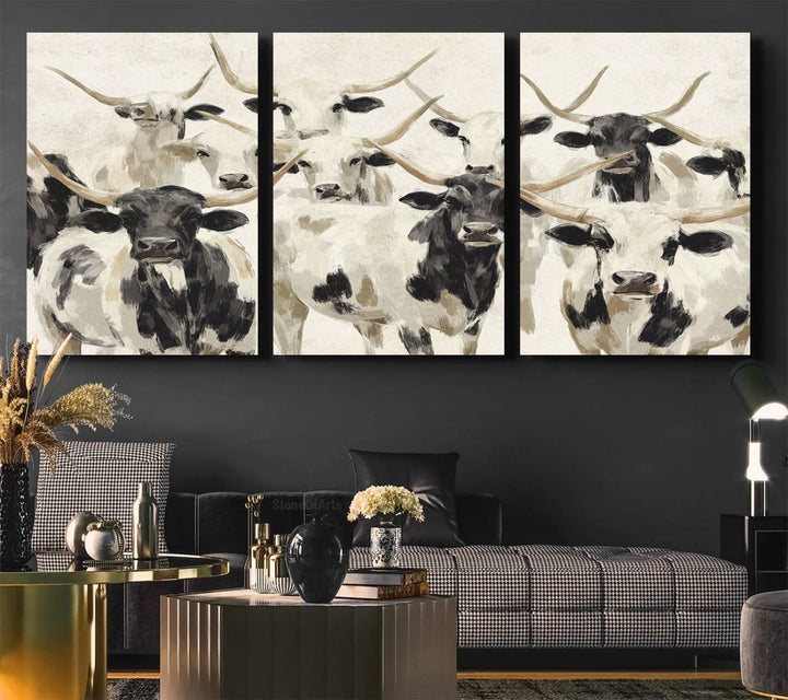 Canvas print titled Longhorn Texas Cow Drawing, depicting longhorn cattle with black and white markings, made in the USA, displayed on the wall.