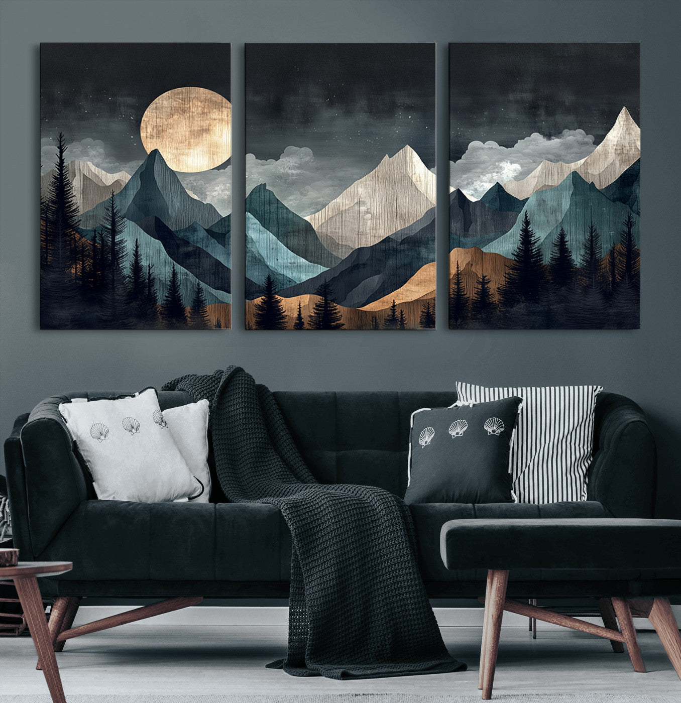 11060882-MGV-CV-60X30-3P-Moonlit Mountain Wall Art Canvas Print – Silhouetted Pines Layered Peaks Tranquil Sky Mist Silver Light Nature Artwork for Home