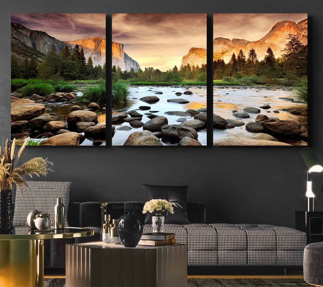 A tranquil riverside sunset mirrors the beauty of a Yosemite wall art masterpiece like the Large El Capitan Print.