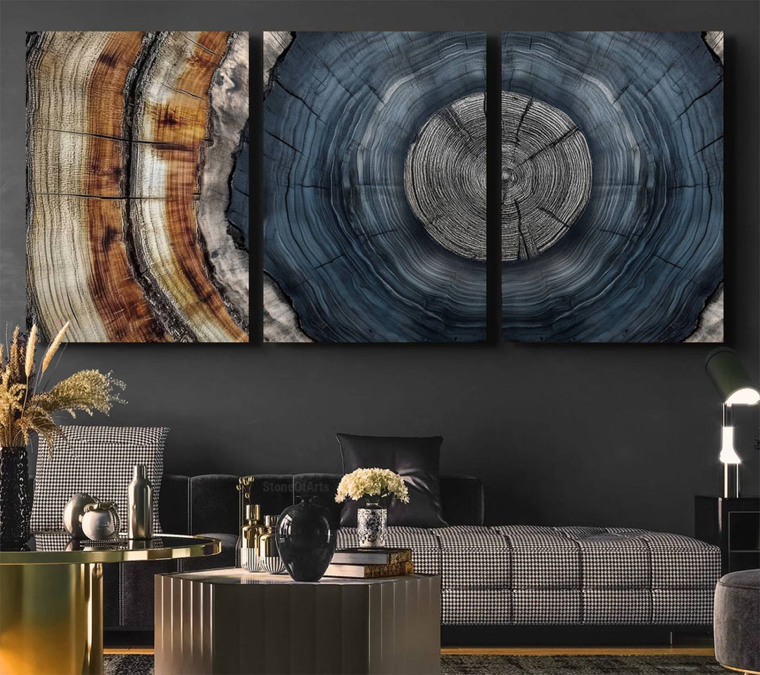 Close-up of the Abstract Tree Rings Wall Art Print featuring shades of blue, brown, and gray.