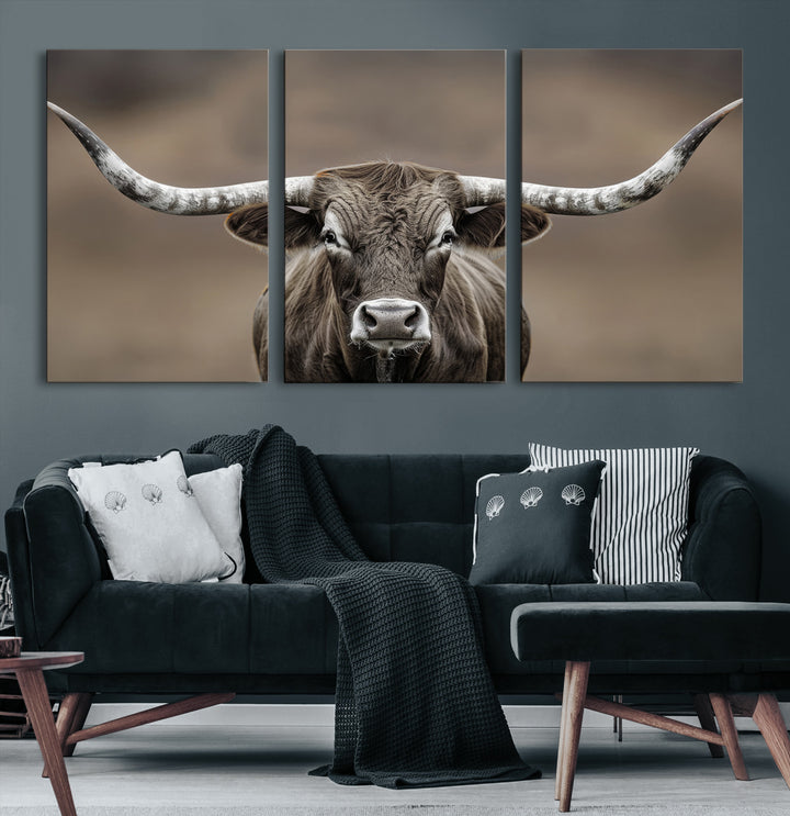 The Framed Texas Longhorn Bull Art Canvas Print adds timeless elegance to the serene setting.