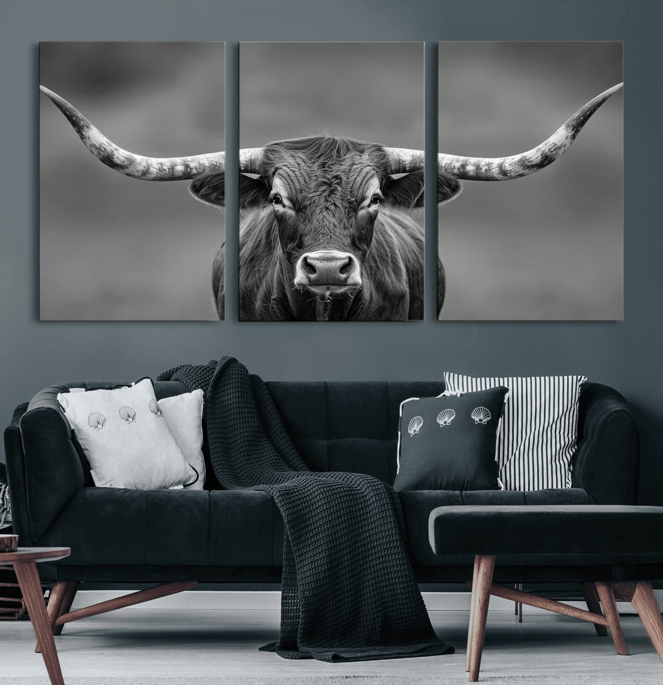 81228550-MGV-CV-60X30-3P-Texas Longhorn Wall Art Canvas Print – Framed Western Bull Ranch Photography Rustic Country Farm Decor Artwork for home, office