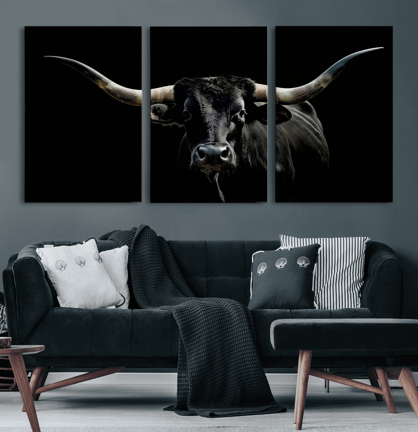 MGV-CV-60X30-3P - Texas Black Bull Wall Art Print, Longhorn Bull Canvas Wall Art