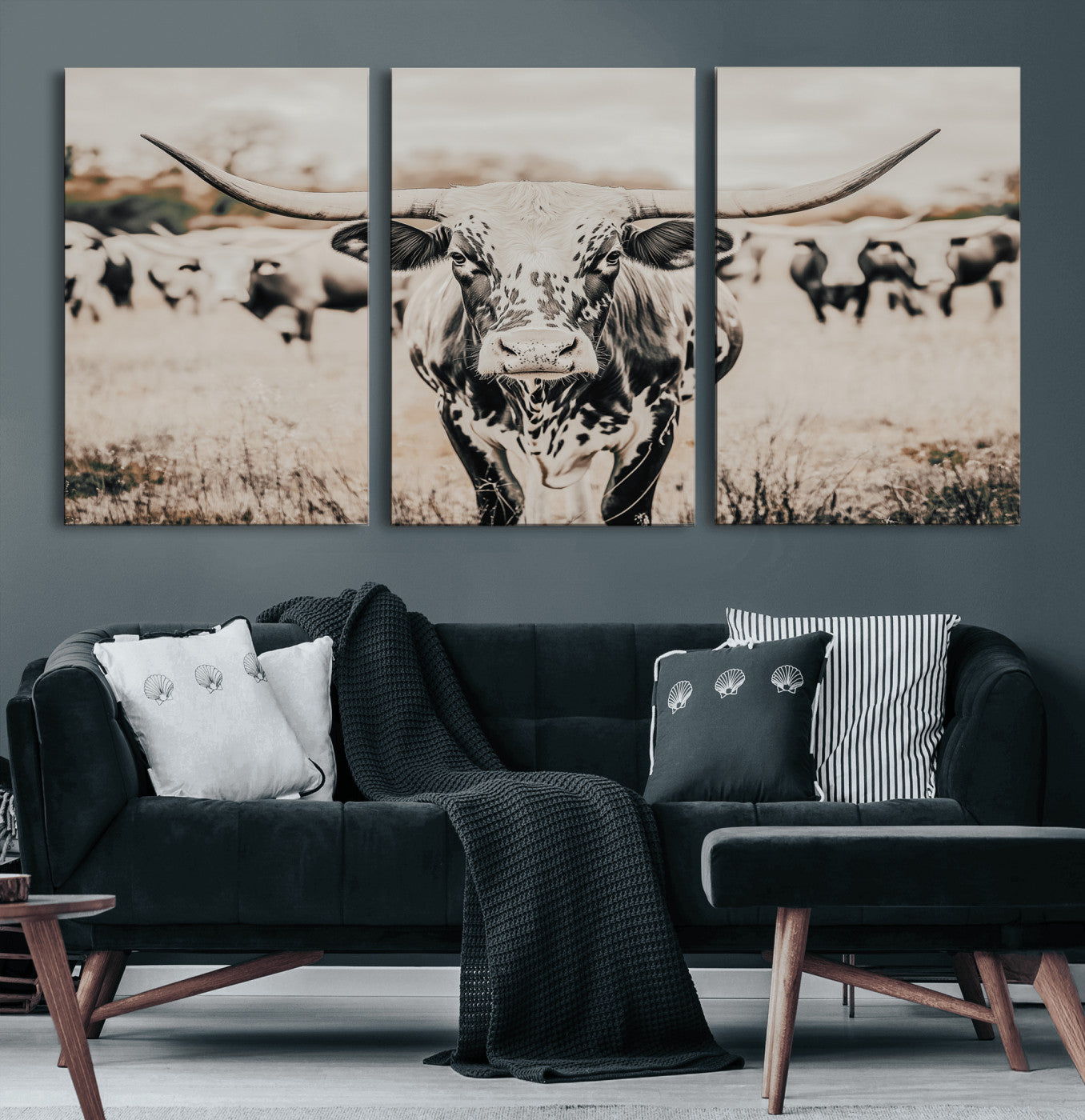 27497342-MGV-CV-60X30-3P-Texas Longhorn Wall Art Canvas Print – Framed Speckled Bull Horned Cattle Rustic Western Artwork for Home Office