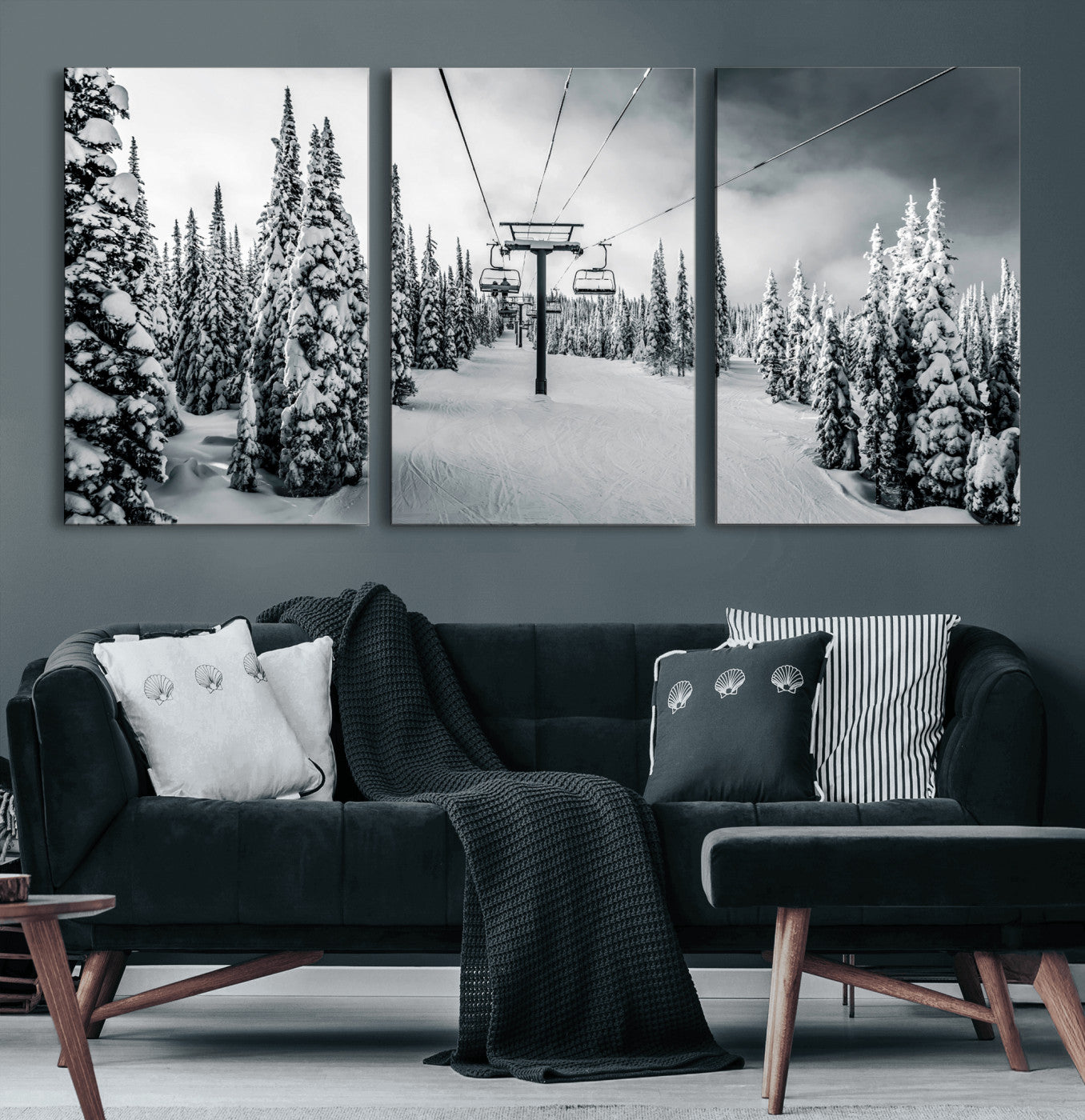 31156828-MGV-CV-60X30-3P-Snowy Pines Wall Art Canvas Print – Framed Ski Lift Winter Forest Snowy Landscape Moody Lodge Artwork for Home, Office