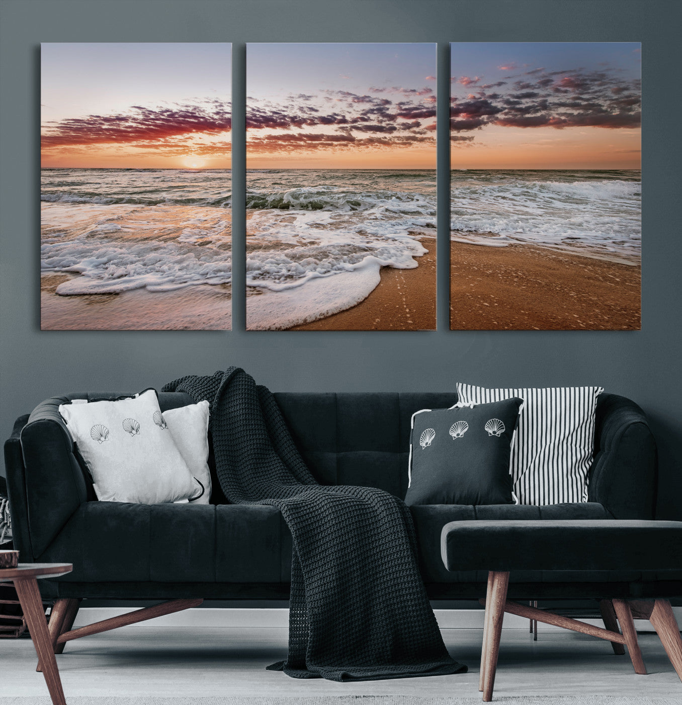 39846389-MGV-CV-60X30-3P-Ocean Sunset Wall Art Canvas Print – Framed Sandy Shore Gentle Waves Coastal Landscape Minimalist Artwork for Home, Office
