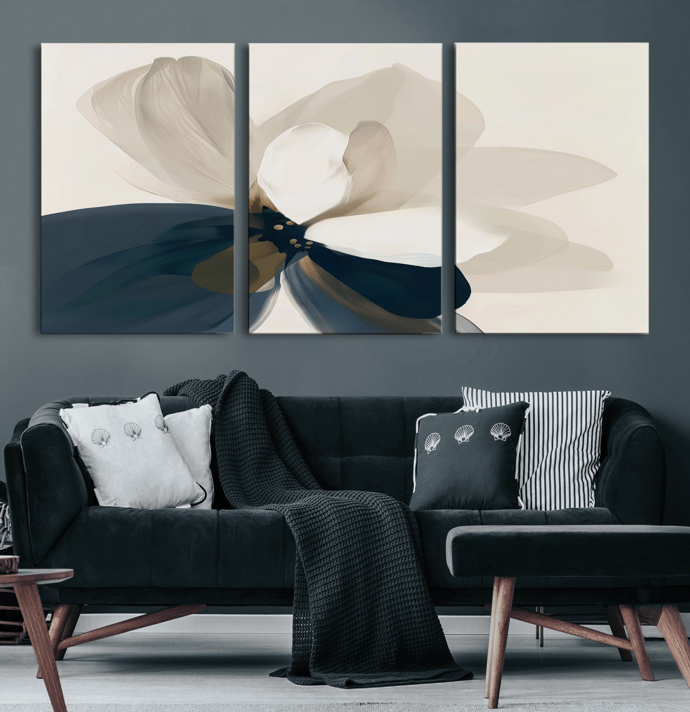 42188901-MGV-CV-60X30-3P-Minimal Flower Wall Art Canvas Print – Framed Beige Bloom Botanical Modern Floral Artwork for Home, Office, Living Room