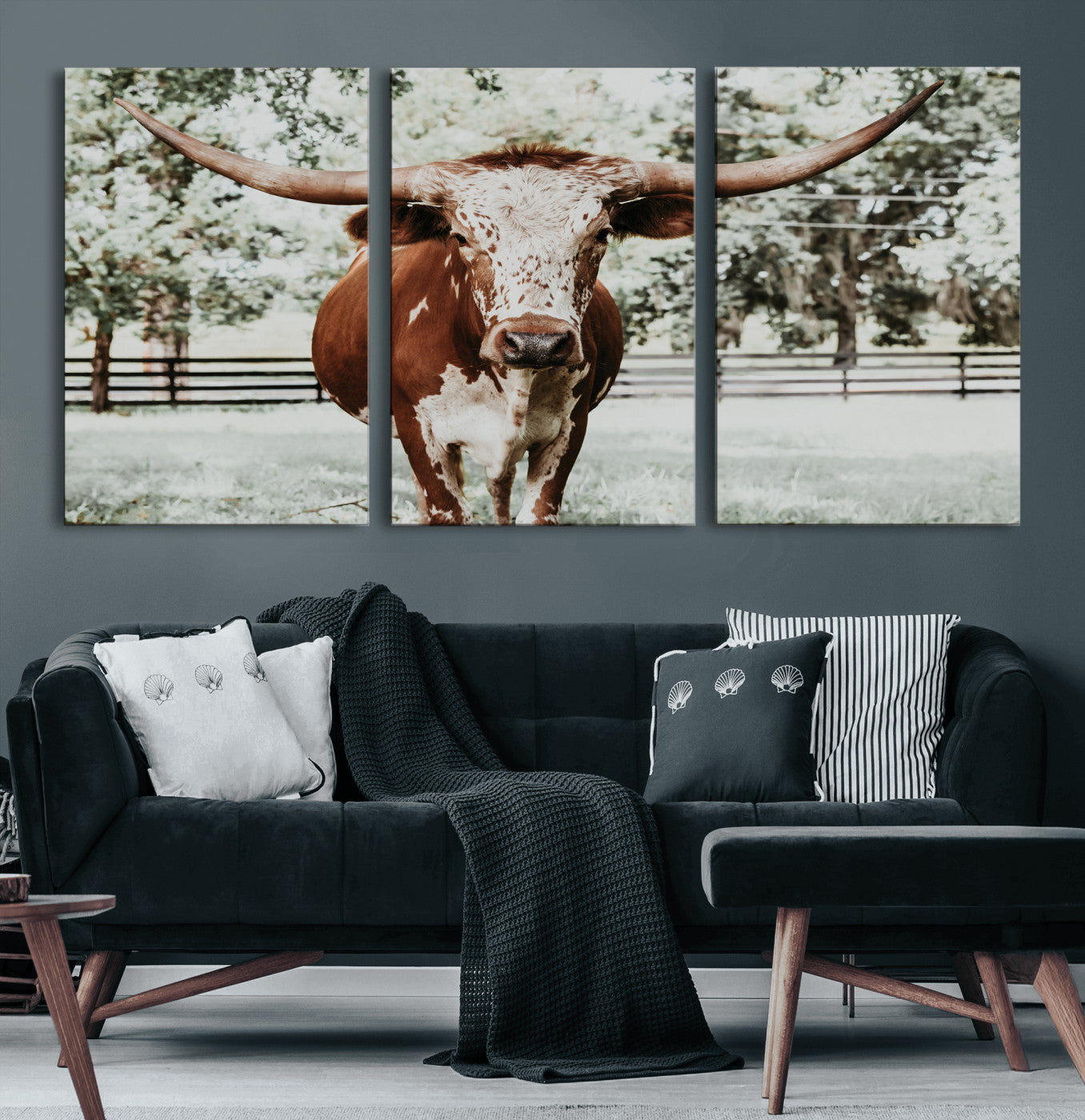 54757537-MGV-CV-60X30-3P-Texas Longhorn Wall Art Canvas Print – Framed Spotted Bull Rustic Western Horned Cattle Artwork for Home Office