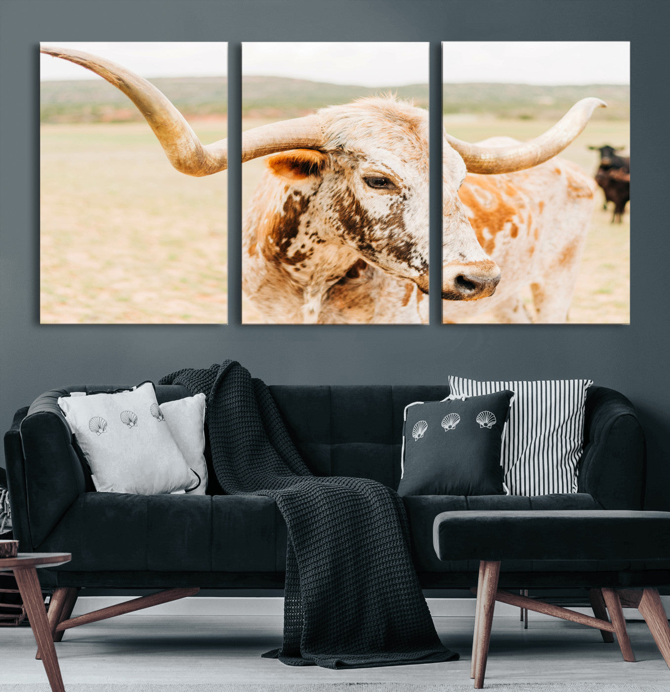 MGV-CV-60X30-3P - Texas Longhorn Wall Art Canvas Print, Framed Spotted Cow Art Picture Print, Horned Cattle Perfect Rustic Western Decor Artwork