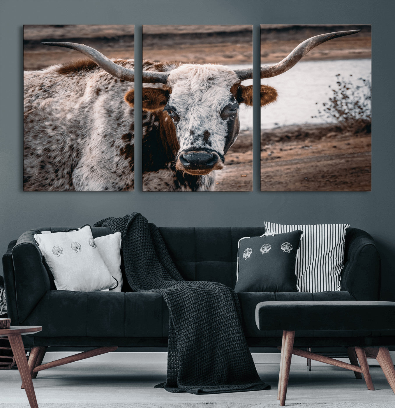 58386760-MGV-CV-60X30-3P-Texas Longhorn Wall Art Canvas Print – Framed Spotted Bull Horned Cattle Rustic Western Decor Artwork for Home, Office