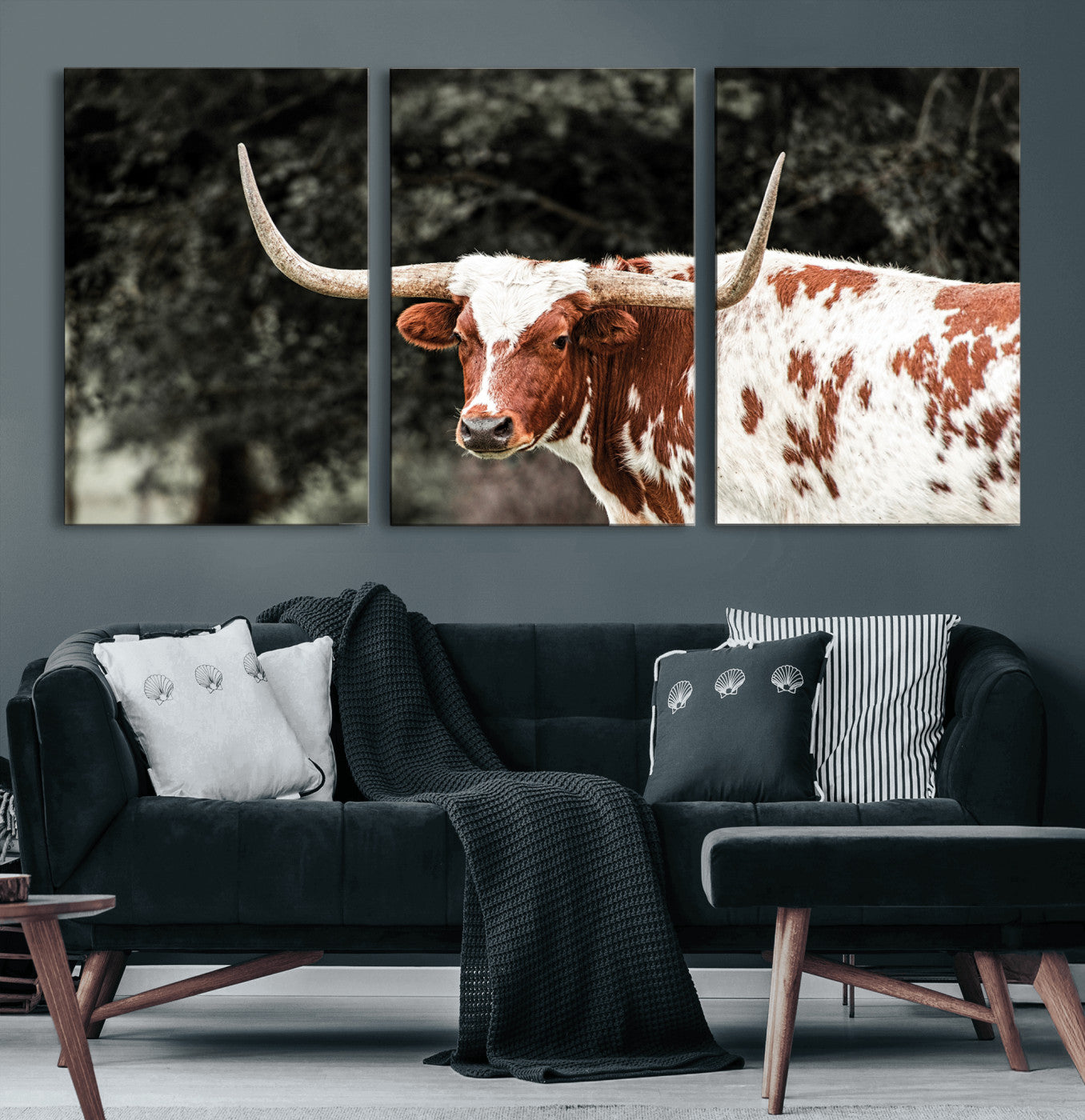 54027638-MGV-CV-60X30-3P-Texas Longhorn Wall Art Canvas Print – Framed Spotted Bull Horned Cattle Rustic Western Decor Artwork for Home, Office