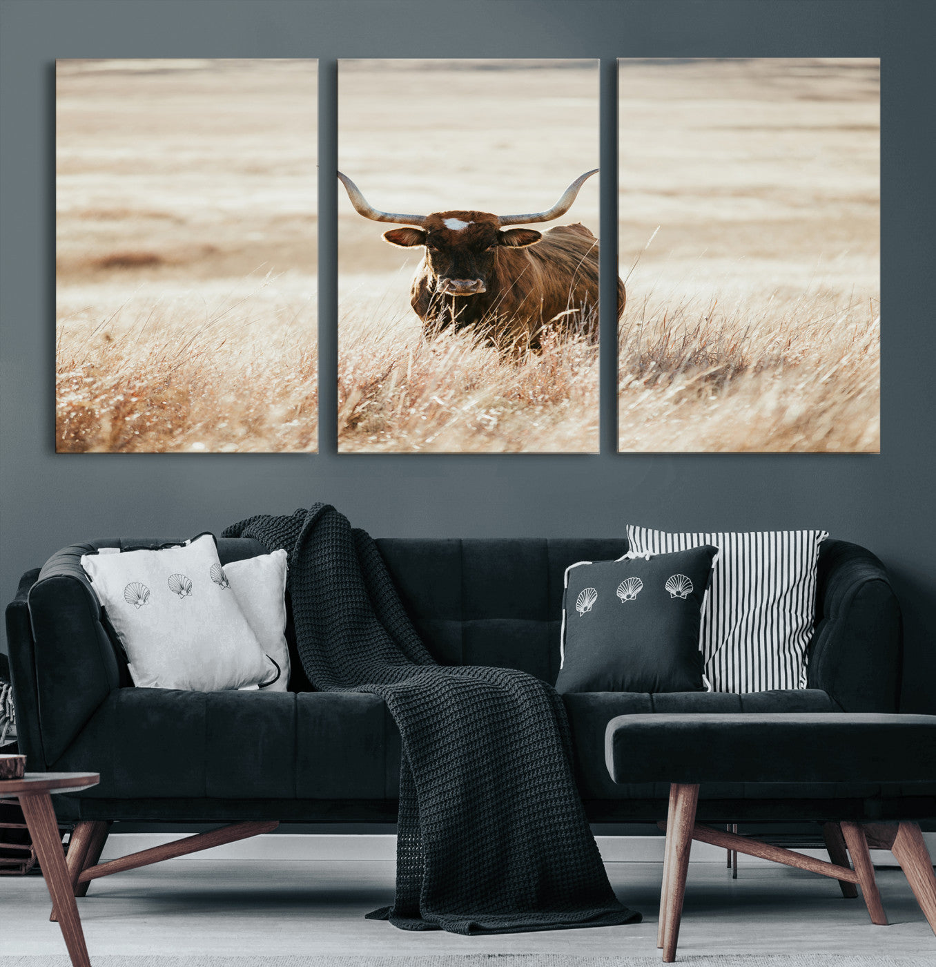 15937933-MGV-CV-60X30-3P-Texas Longhorn Wall Art Canvas Print – Framed Brown Horned Bull Rustic Western Cattle Artwork for Home, Office