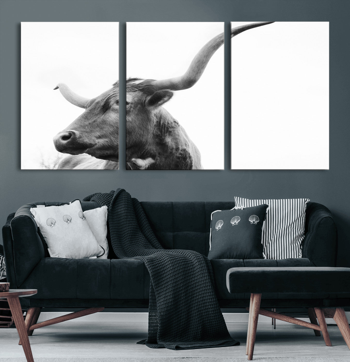 MGV-CV-60X30-3P - Longhorn Wall Art Wall Art Canvas Print, Framed Modern Ranch Style Art Art Picture Print, Monochrome Cow Print Perfect Rustic Western Decor Artwork