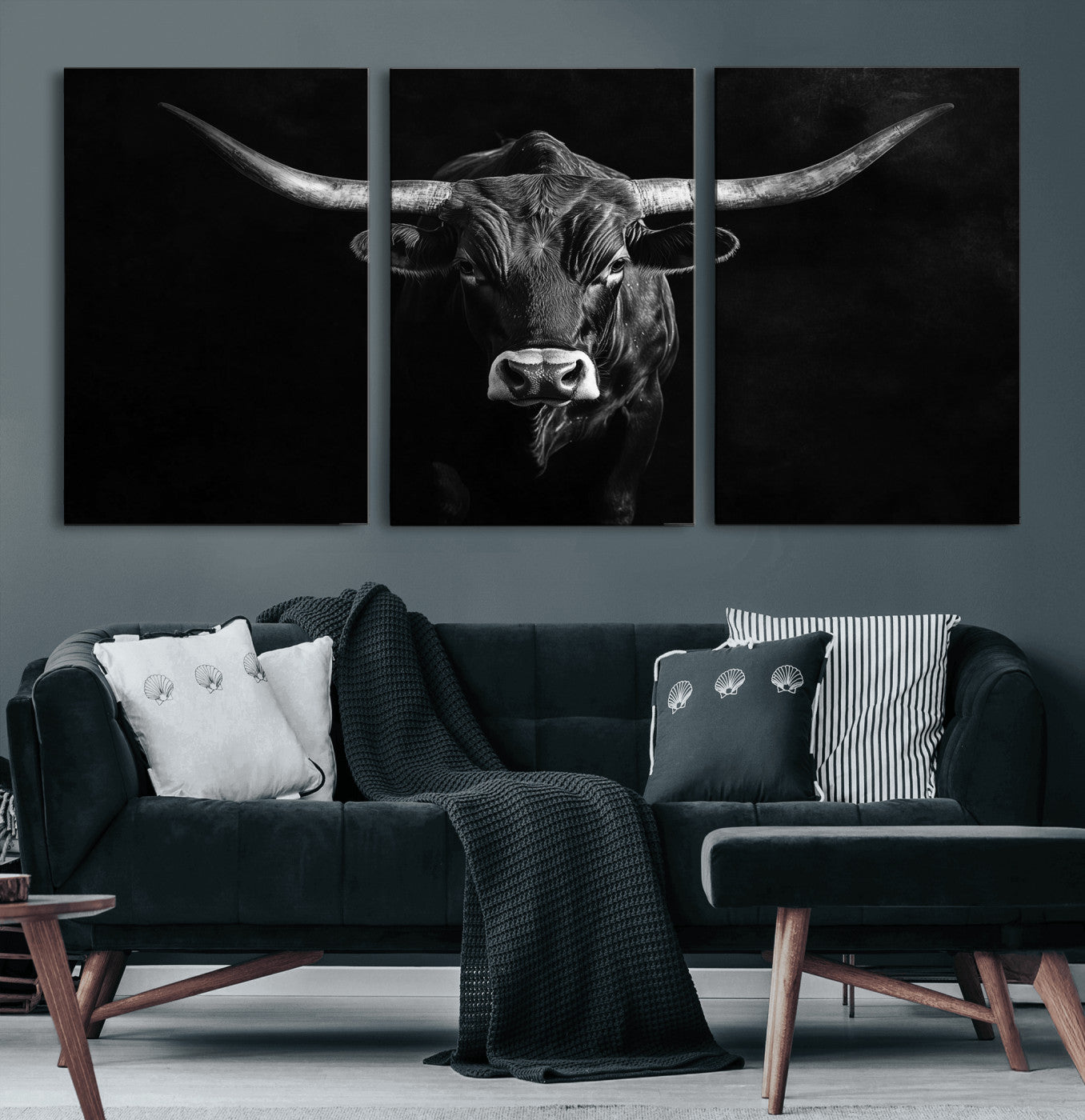 MGV-CV-60X30-3P - Texas Longhorn Wall Art Canvas Print, Framed Monochrome Bull Art Picture Print, Horned Bull Perfect Rustic Western Decor Artwork