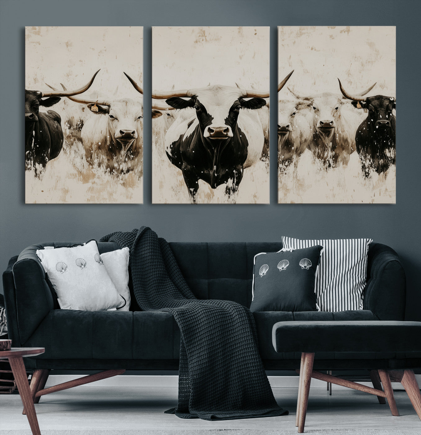 12027562-MGV-CV-36X24-Longhorn Cattle Wall Art Canvas Print – Framed Bison Herd Western Ranch Countryside Animal Landscape Artwork for Home Office