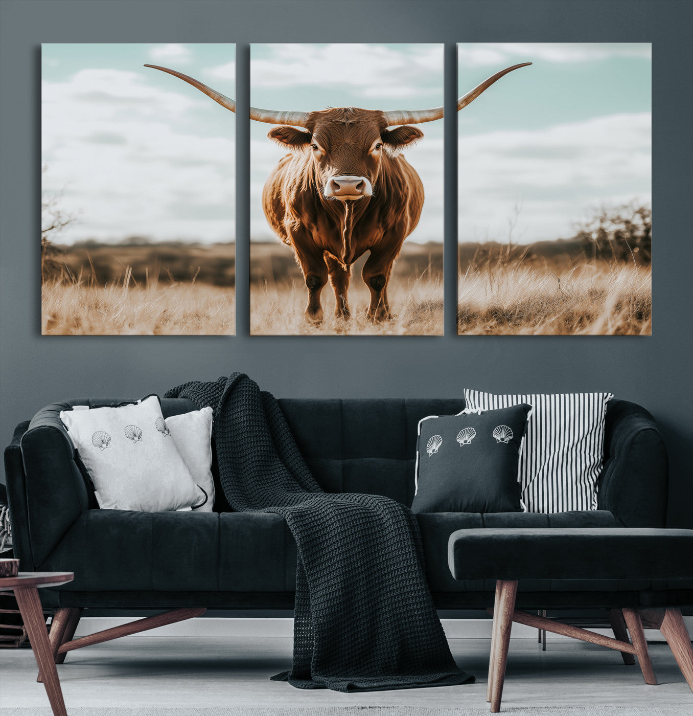 Texas Longhorn standing in a golden prairie under soft skies, ideal for rustic or western-style decor with warm natural tones.