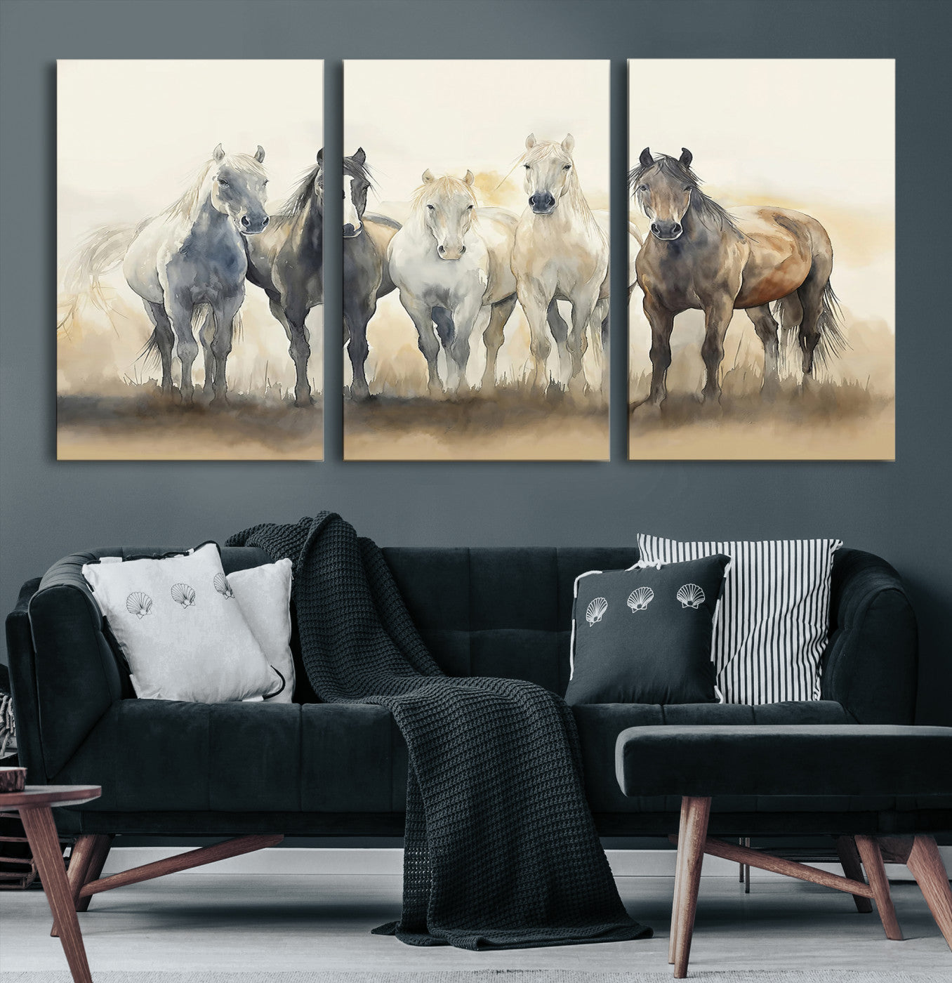 Watercolor illustration of five wild horses in soft neutral tones, perfect for rustic or western-style home decor with a calming natural vibe.