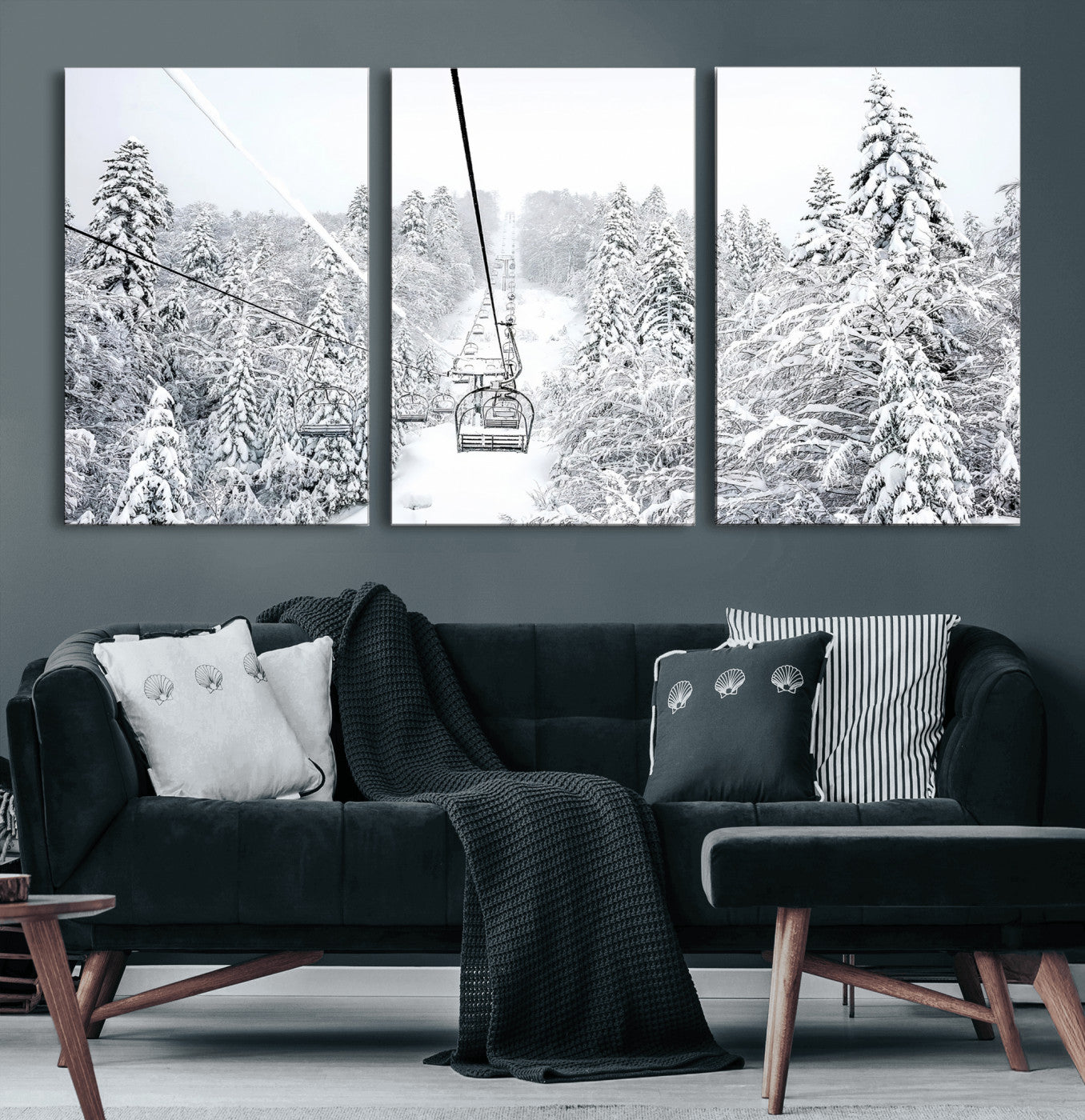 60296839-MGV-CV-60X30-3P-Snowy Mountains Wall Art – Framed Ski Lift Canvas Artwork, Peaceful Winter Design, Rustic Forest Decor for Home, Office