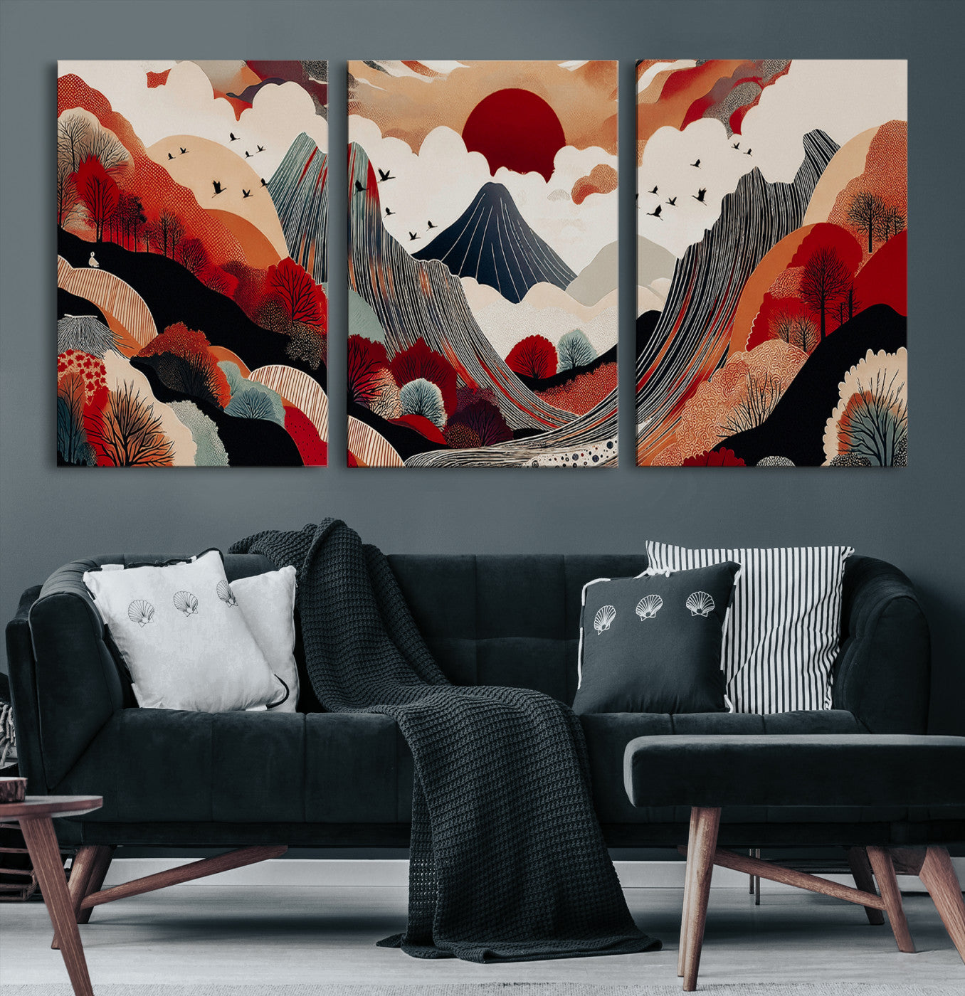 49034575-MGV-CV-60X30-3P-Abstract Mountain Wall Art Canvas Print, Framed Vibrant Landscape Art Picture Print, Stylized Nature Drawing Perfect Contemporary Minimalist