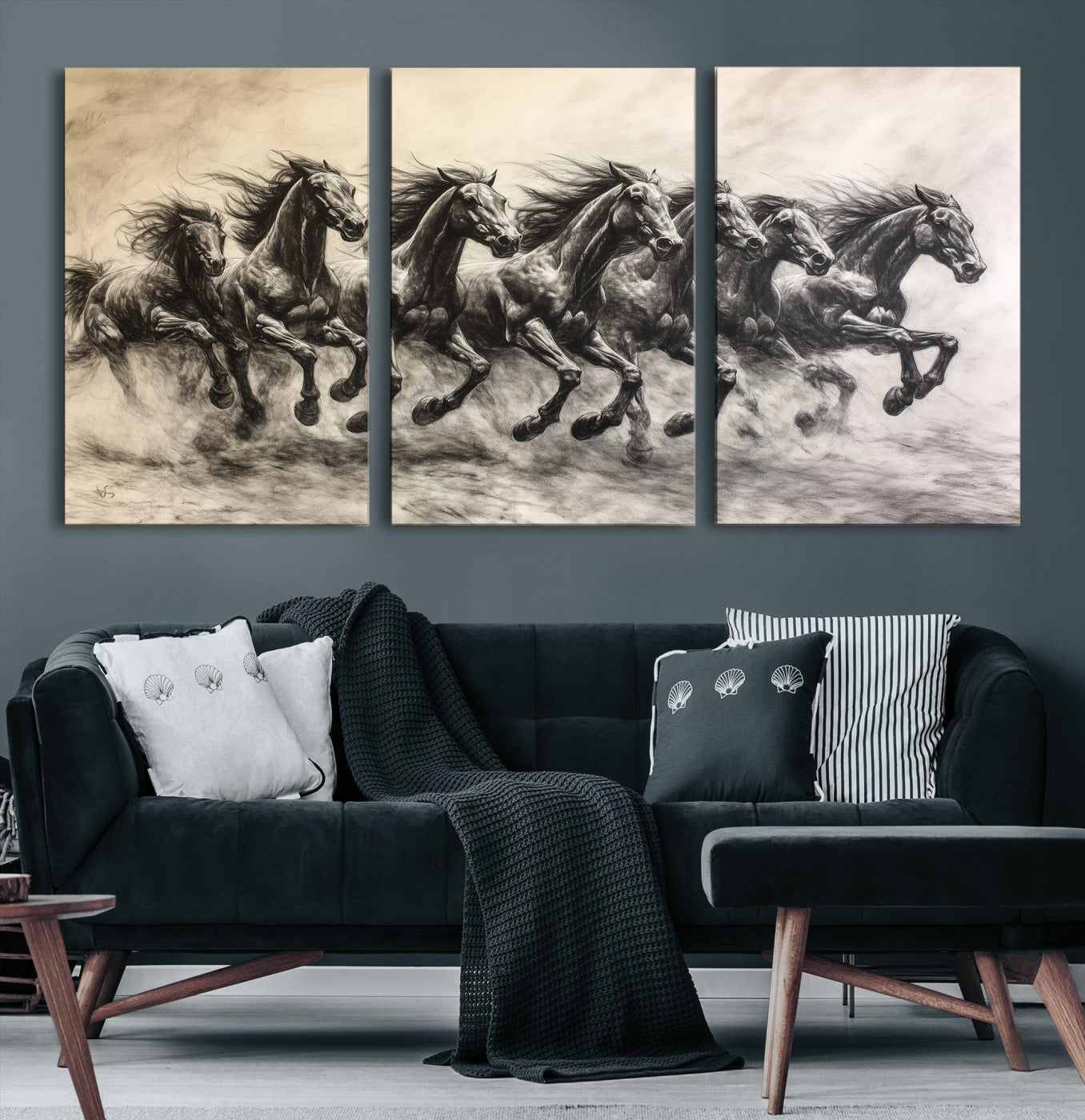 56089591-MGV-CV-36X24-Galloping Horses Wall Art Canvas Print – Framed Wild Stallions Herd Sketch Dynamic Equestrian Artwork for Home Office