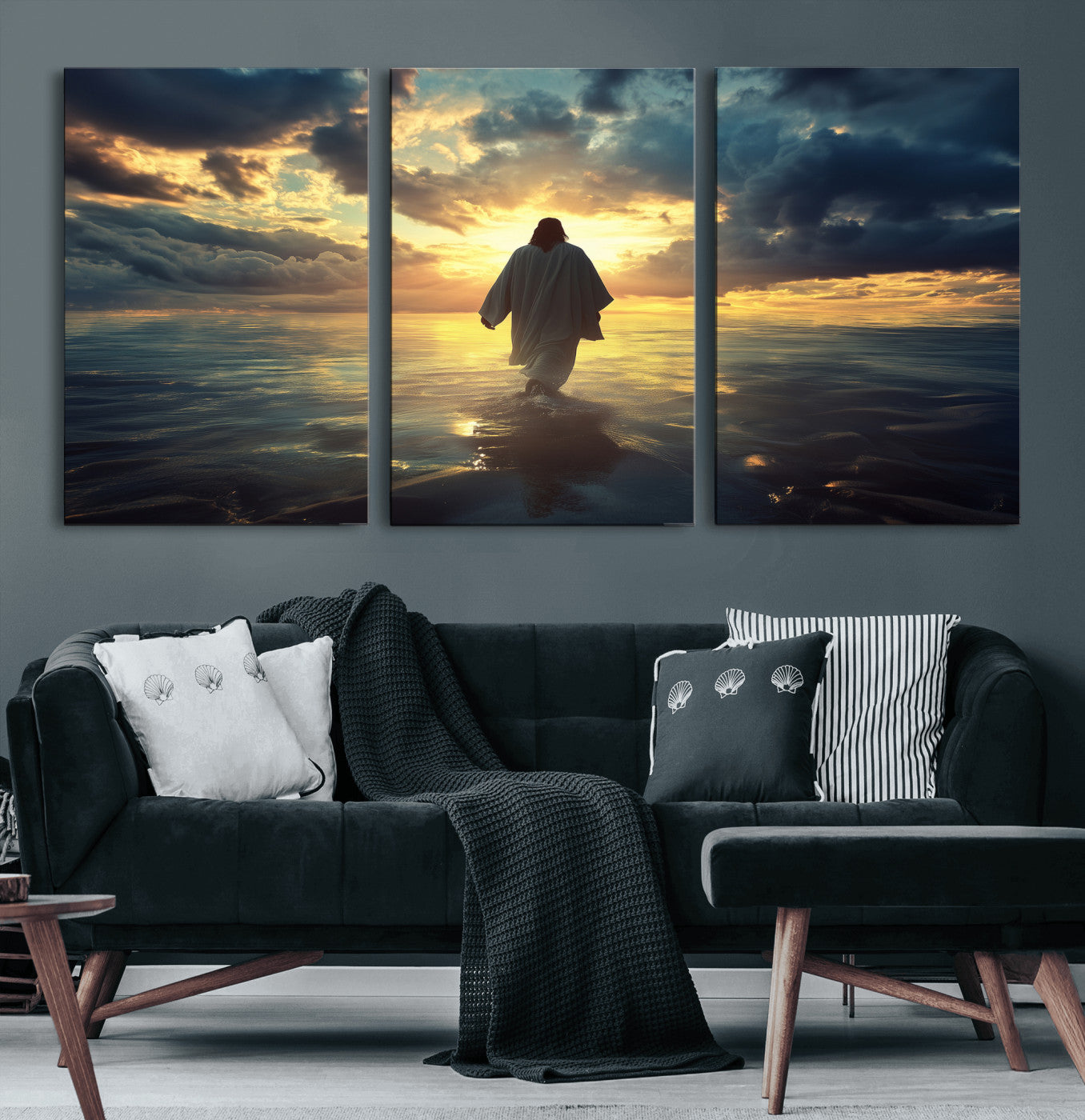 MGV-CV-60X30-3P - Jesus Walks Wall Art Canvas Print, Framed Divine Sunset Art Picture Print, Spiritual Light Perfect Spiritual Tranquil Decor Artwork
