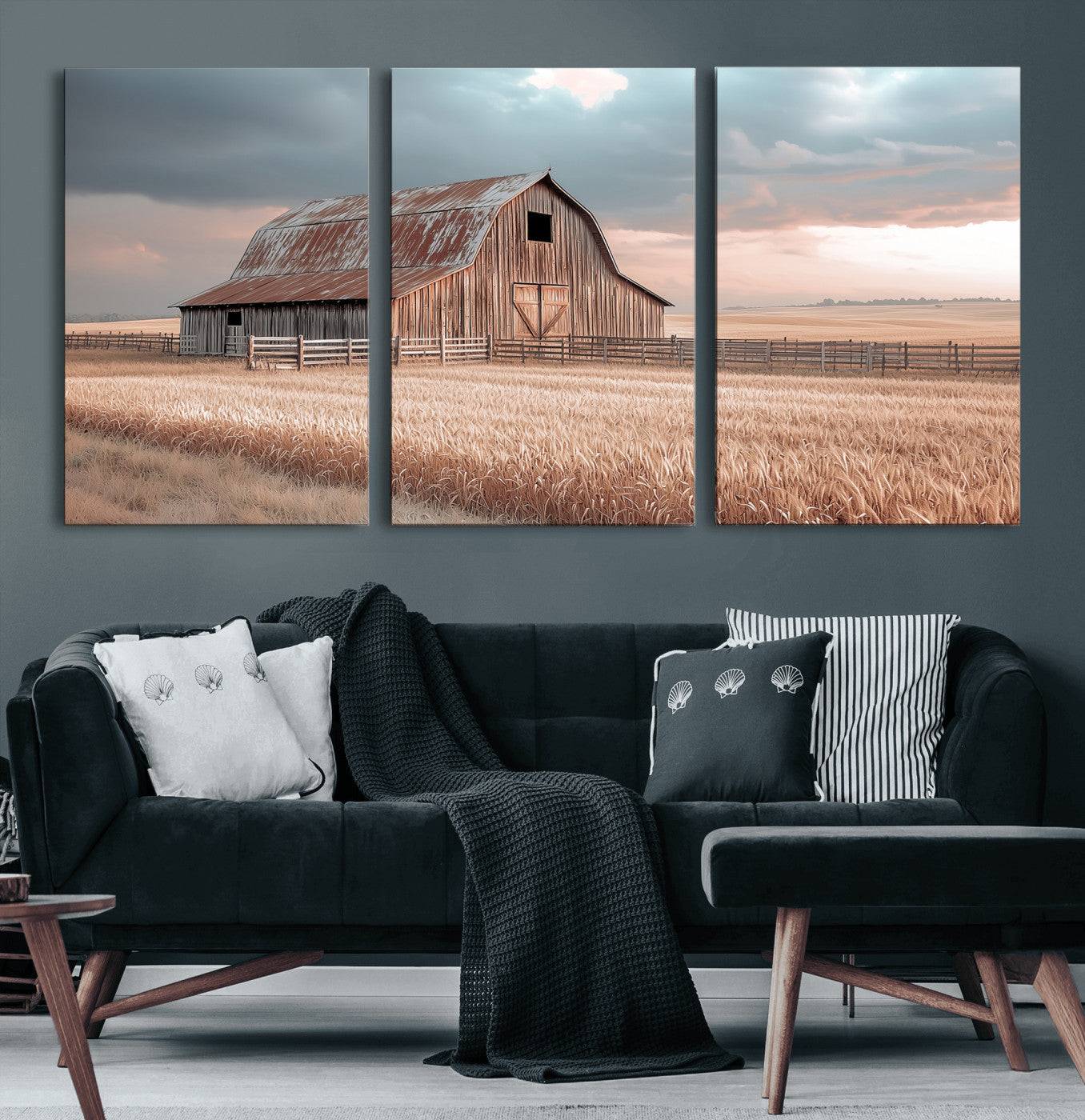 MGV-CV-60X30-3P - Rustic Barn Wall Art Canvas Print, Framed Wheat Field Art Picture Print, Sunset Barn Perfect Vintage Farmhouse Decor Artwork