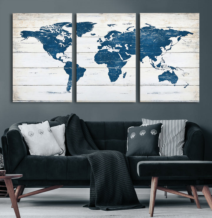 Rustic world map with blue continents on distressed wooden planks, perfect for coastal, explorer, or vintage-style wall decor.
