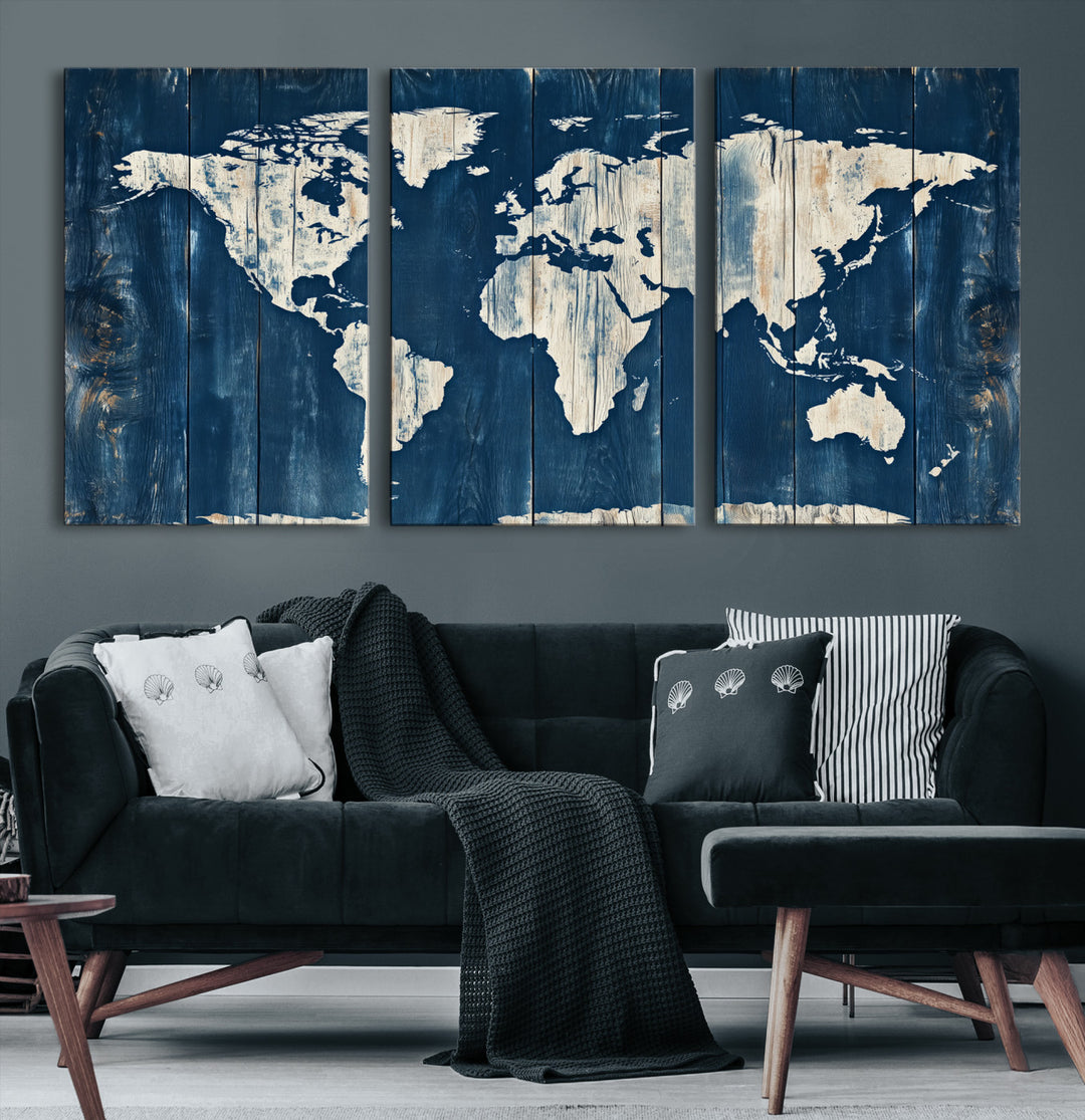World Map Wall Art Canvas Print, Rustic Map Print, Framed Wooden World Map Art Print, Large Antique Map Decor Printing Perfect for Vintage Decor