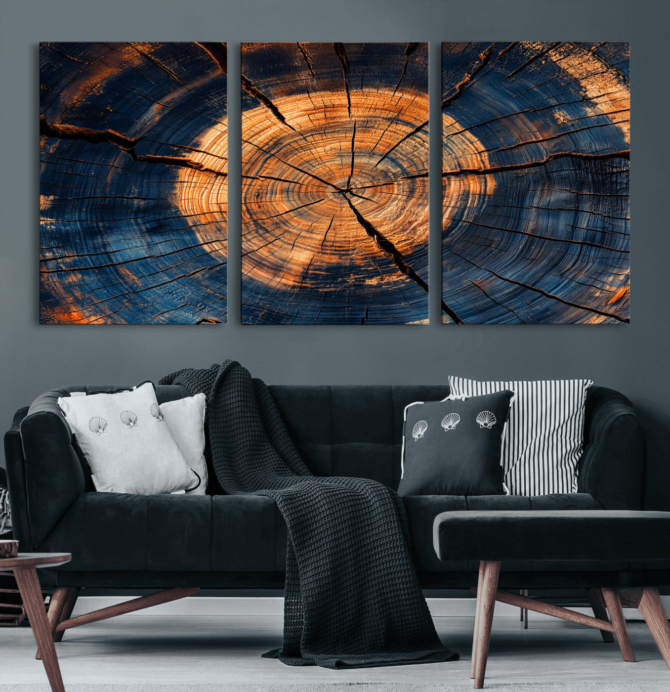 MGV-CV-60X30-3P - Burnt Wood Wall Art Canvas Print, Framed Aged Timber Art Picture Print, Rustic Tree Slice Perfect Rustic Decor Artwork