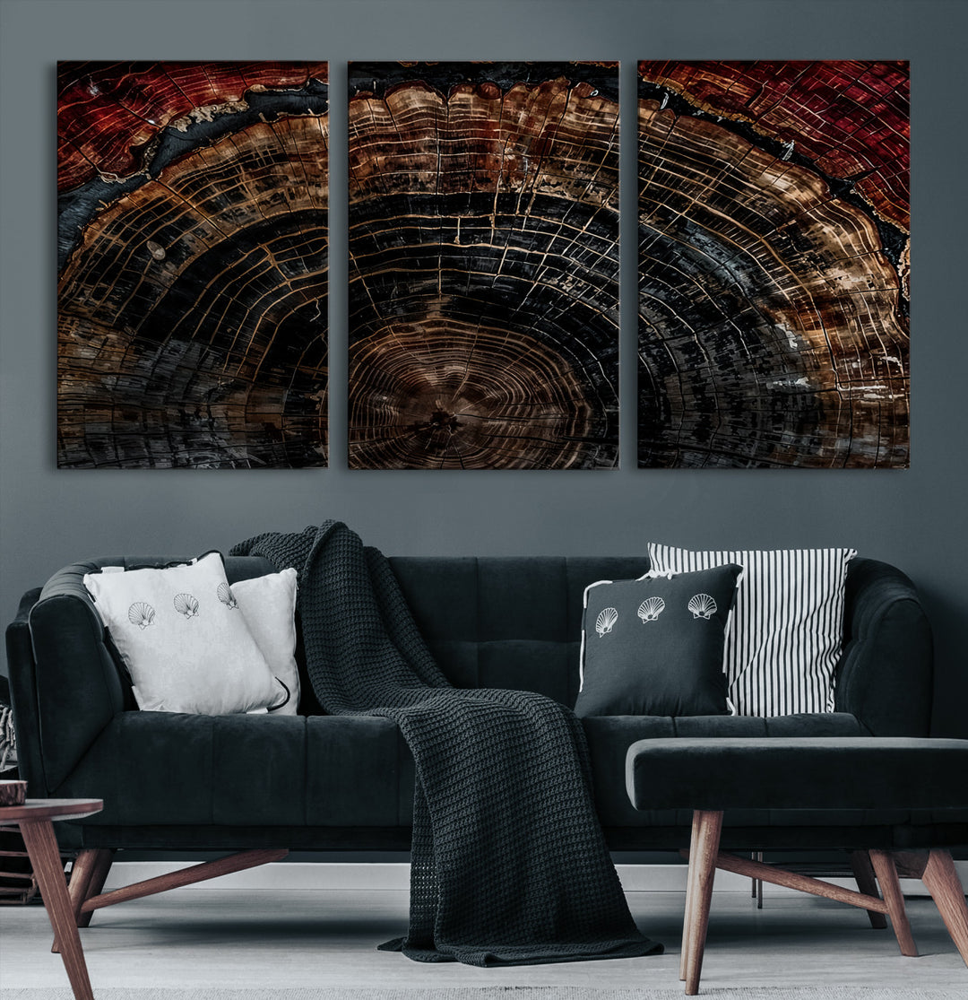 Dark Wood Ring Wall Art Canvas Print, Abstract Wood Tree Print, Framed Rustic Tree Slice Art Print, Large Organic Texture Printing Perfect for Rustic Decor