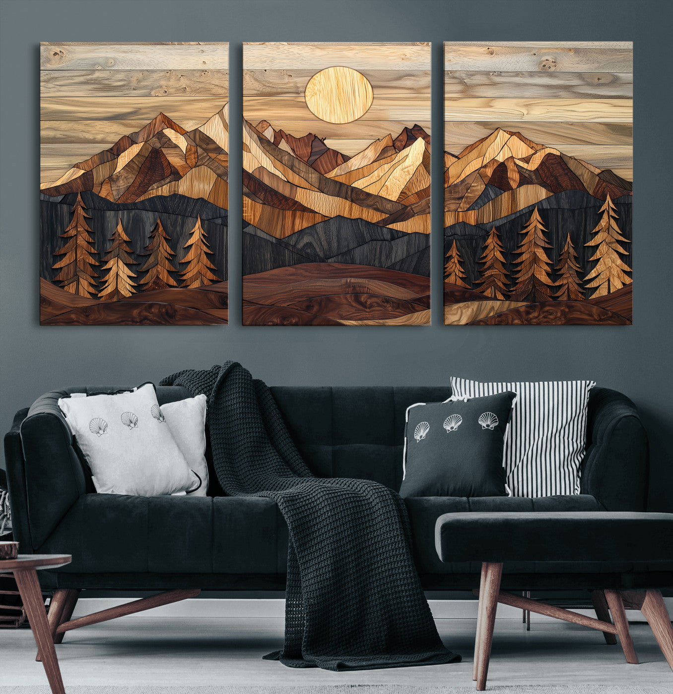 39116082-MGV-CV-60X30-3P-Wood Mountain Landscape Wall Art Canvas Print – Framed Sunset Hills Nature Artwork, Abstract Boho Decor for Home, Office