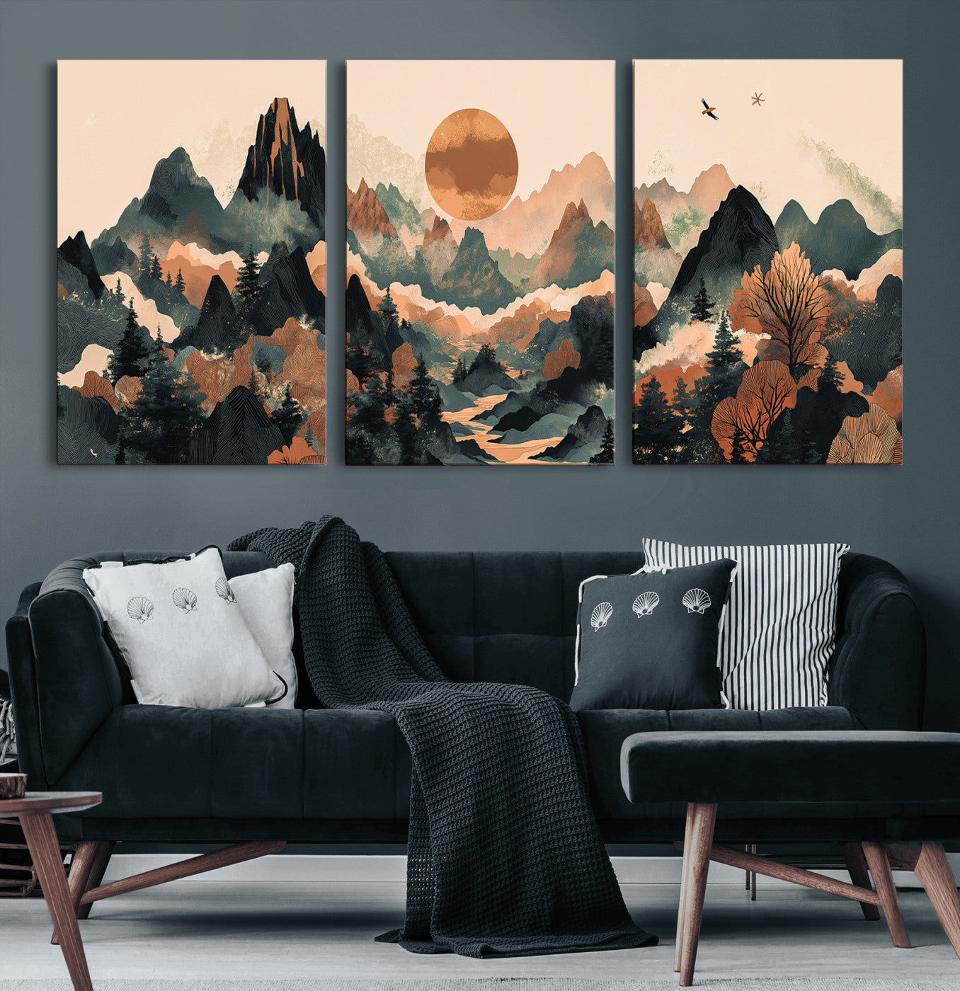 46509506-MGV-CV-60X30-3P-Wood Mountain Landscape Wall Art Canvas Print – Framed Sunset Hills Artwork, Abstract Nature Perfect Boho Decor for Home, Office
