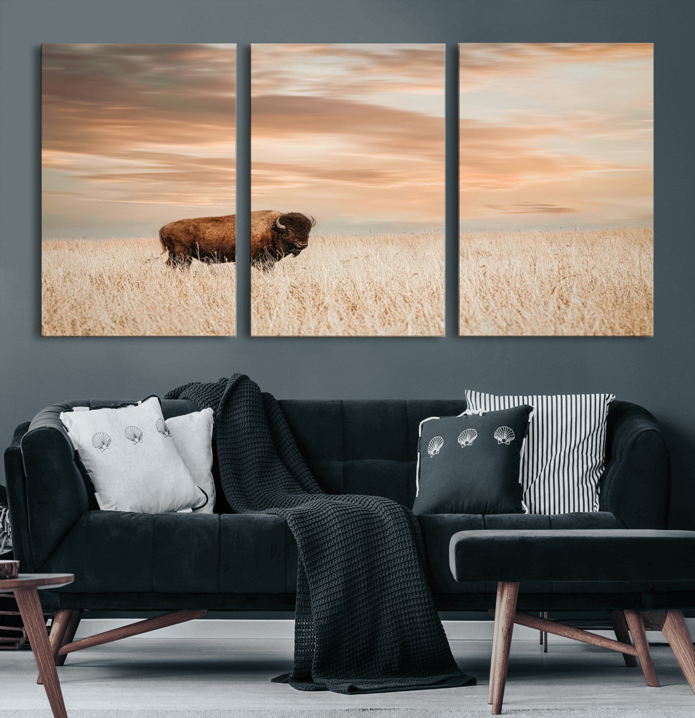 87282289-MGV-CV-60X30-3P-Bison Wall Art Canvas Print – Framed Buffalo Artwork, Western Prairie Scene Perfect Rustic Decor for Home, Office