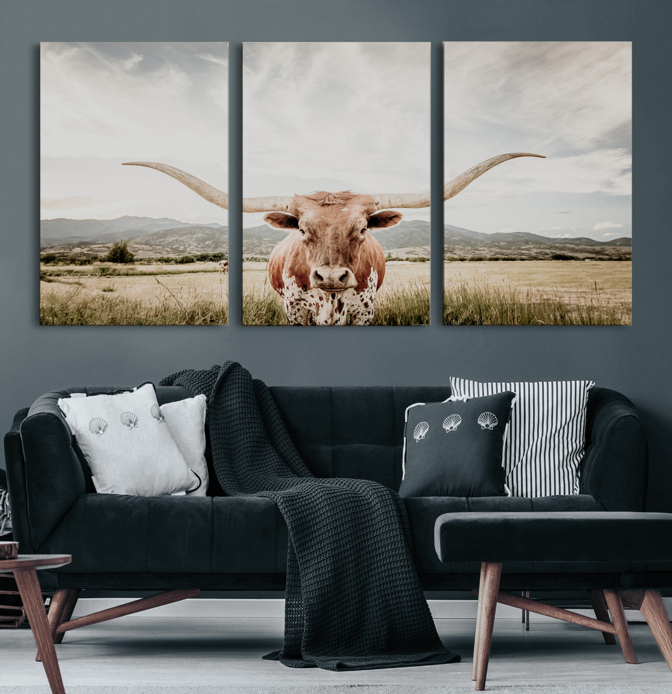 80054319-MGV-CV-60X30-3P-Texas Longhorn Wall Art Canvas Print – Framed Western Cow Scene with Rustic Farmhouse Artwork for Home, Office
