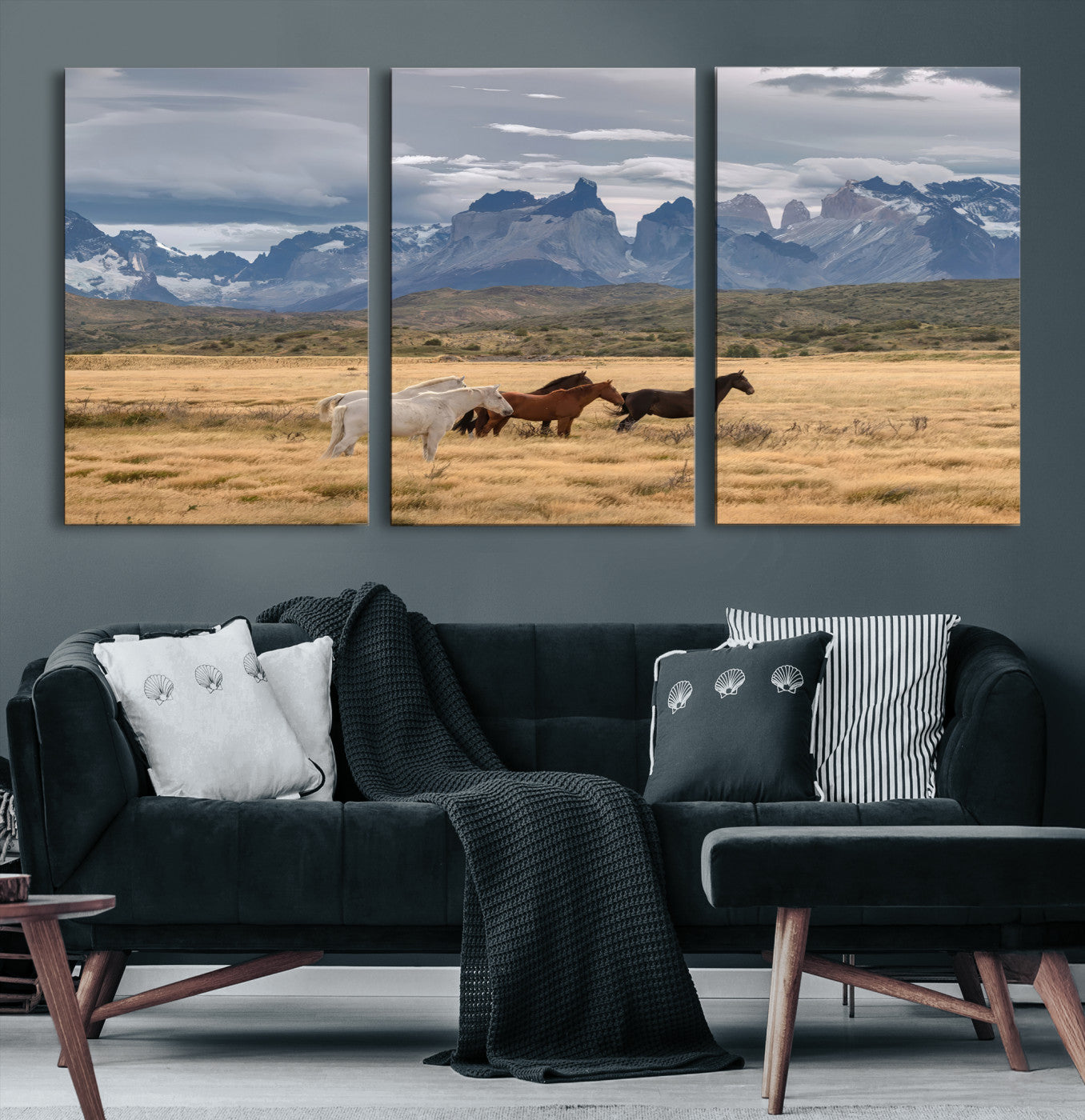 69960232-MGV-CV-36X24-Horses Grazing Wall Art Canvas Print – Framed Mountain Field Scenic Landscape Cloudy Sky Nature Artwork for Home Office