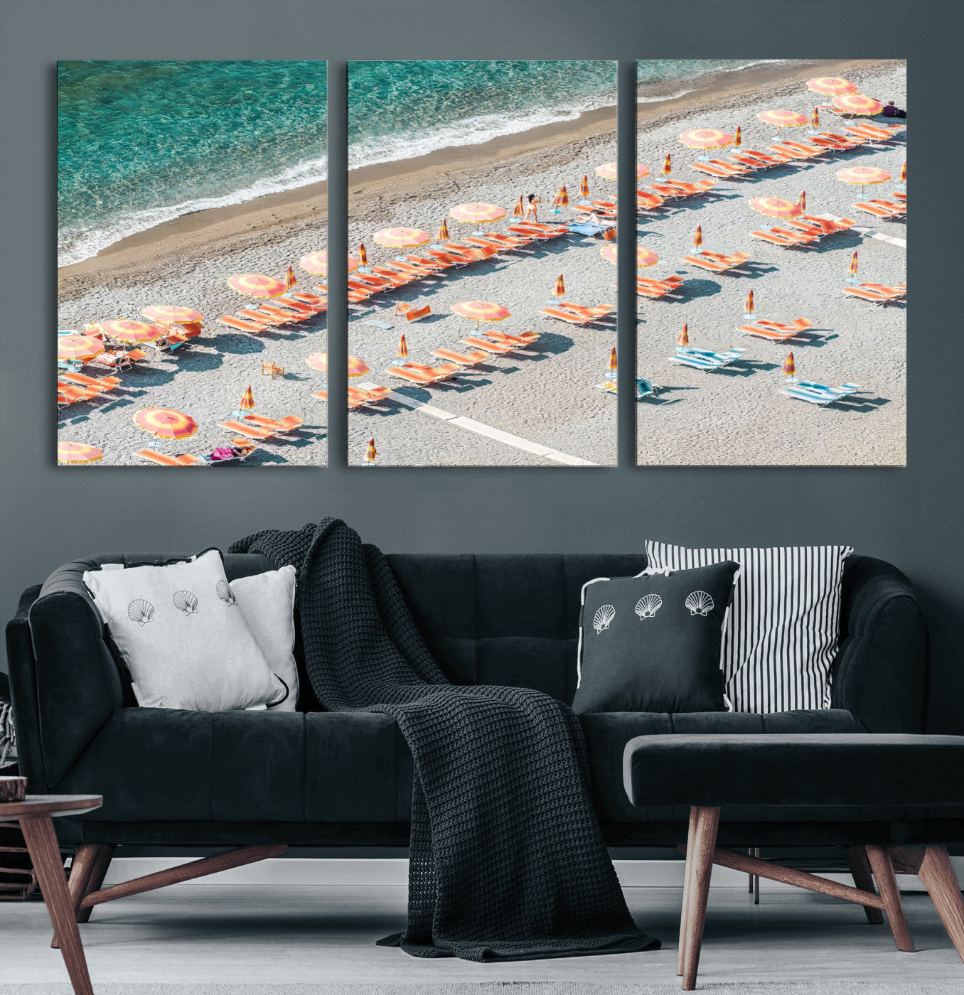 27805351-MGV-CV-36X24 - Beach Umbrellas Wall Art – Orange Loungers & Turquoise Water Canvas Print, Sandy Shore and Summer Vibes