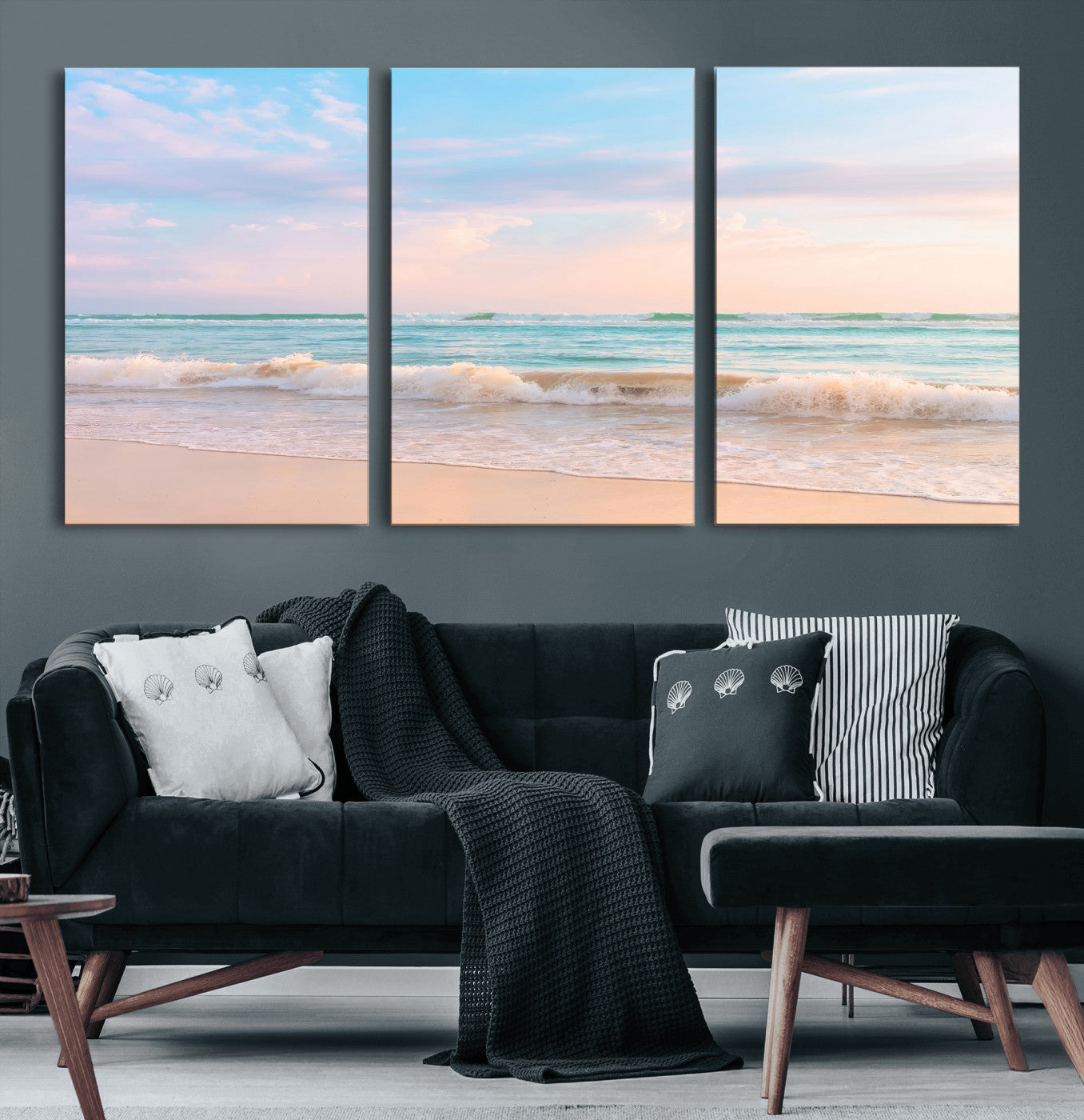 74679437-MGV-CV-36X24 - Serene Waves Wall Art – Golden Shore & Soft Pastel Sky Canvas Print, Gentle Ocean and Peaceful Sunset for Living Room or Office