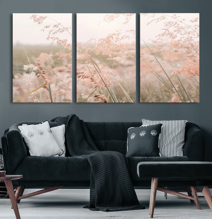 Pastel Grasses Wall Art Canvas Print, Soft Meadow Print, Framed Field in Breeze Art Print, Large Pink Meadow Printing Soft Pastel