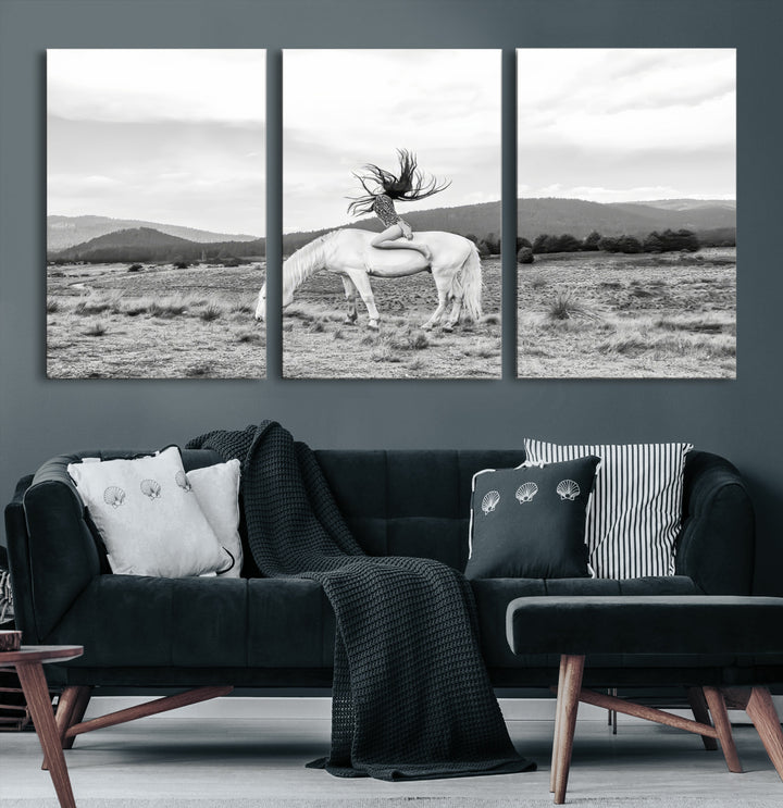 White Horse Wall Art Canvas Print, Woman Rider Print, Framed Equestrian Pose Art Print, Large Grazing Horse Printing Western Boho