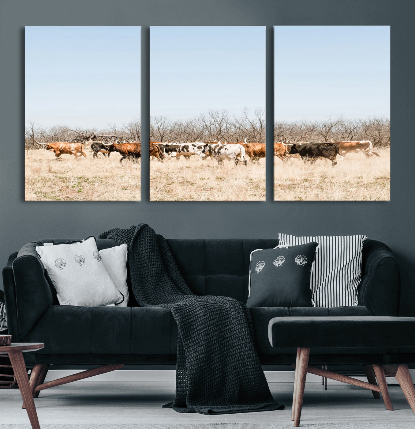 16563092-MGV-CV-60X30-3P-Texas Longhorns Wall Art Canvas Print – Framed Western Cattle Rustic Herd Farmhouse Country Animal Artwork for Home Office