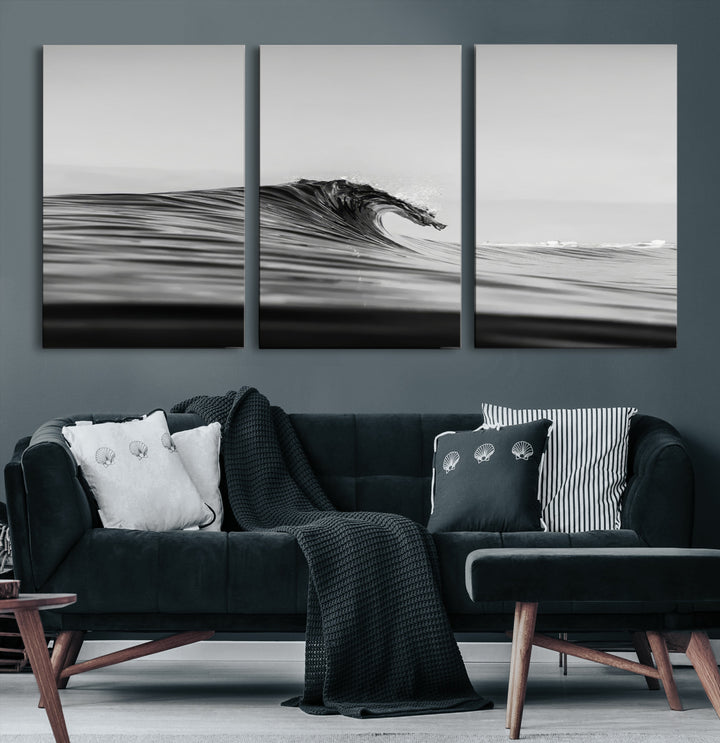 Black Wave Wall Art Canvas Print, Abstract Surf Print, Framed Minimalist Ocean Art Print, Large Black Water Printing Minimalist