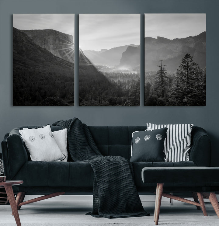Yosemite Valley Wall Art Canvas Print, El Capitan Sunrise Print, Framed Misty Mountain Art Print, Large Monochrome Valley Printing