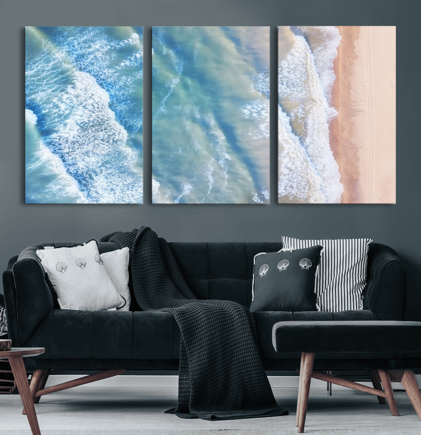 17641845-MGV-CV-60X30-3P-Aerial Ocean View Wall Art Canvas Print – Framed Soft Blue Waves Sandy Shoreline Modern Coastal Artwork for Home Office