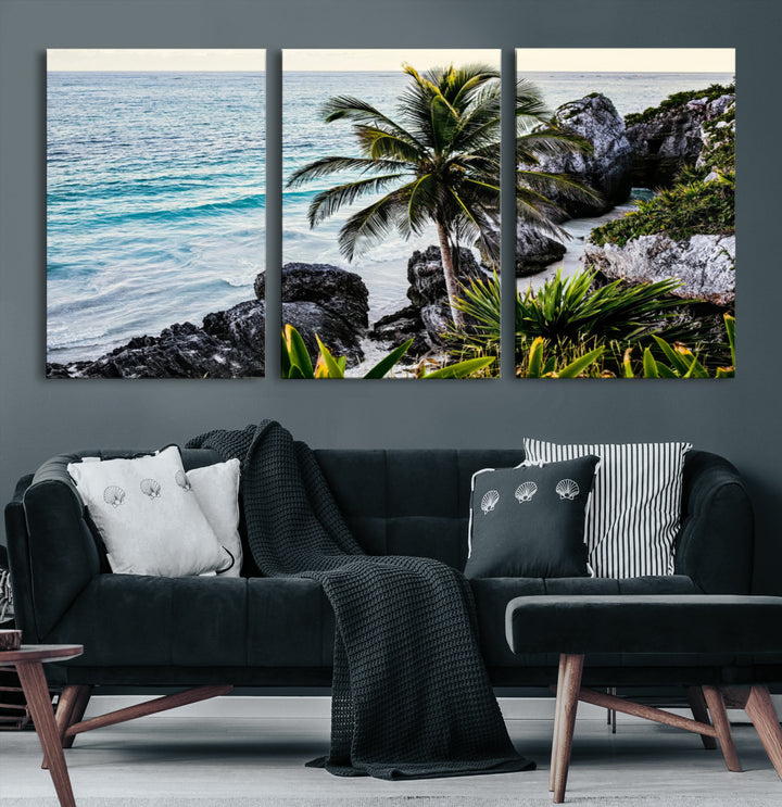 Framed canvas of a vibrant tropical coastline with palm trees, rocky cliffs, and turquoise waters, ideal for tropical coastal home decor.