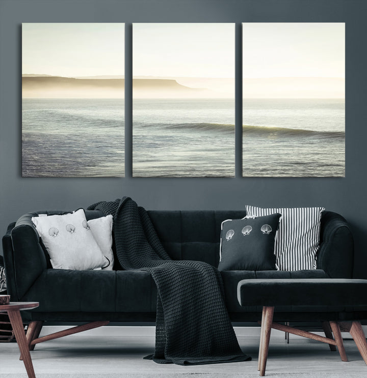 Canvas of a misty ocean scene with coastal cliffs and soft neutral tones, ideal for Scandinavian coastal or minimalist nature-inspired home decor.