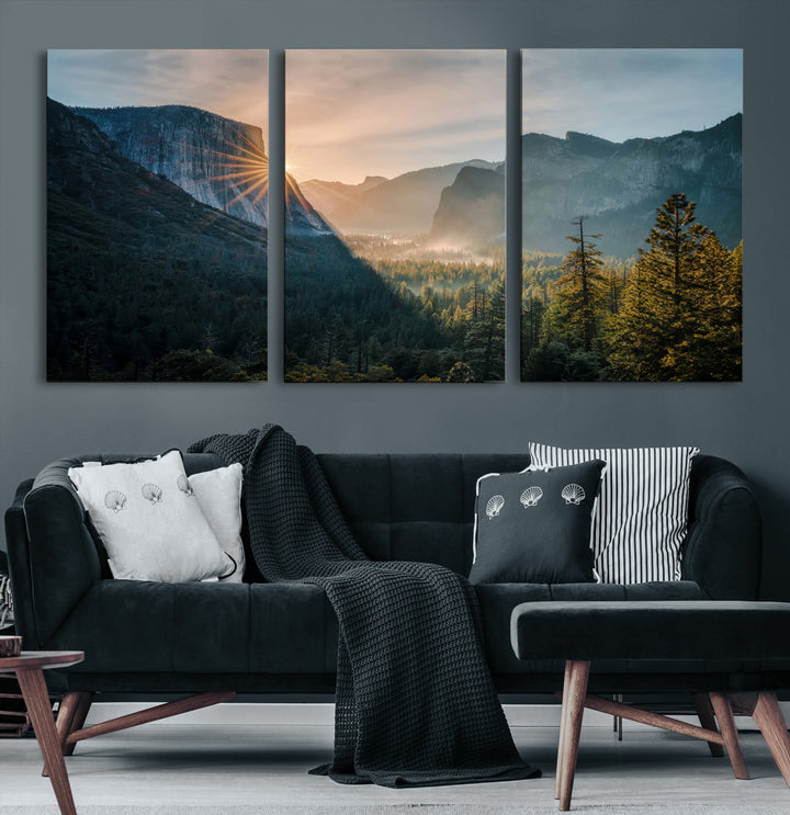 Canvas of Yosemite Valley at sunrise with dramatic rays and earthy tones, perfect for vintage explorer or wilderness-themed home decor.