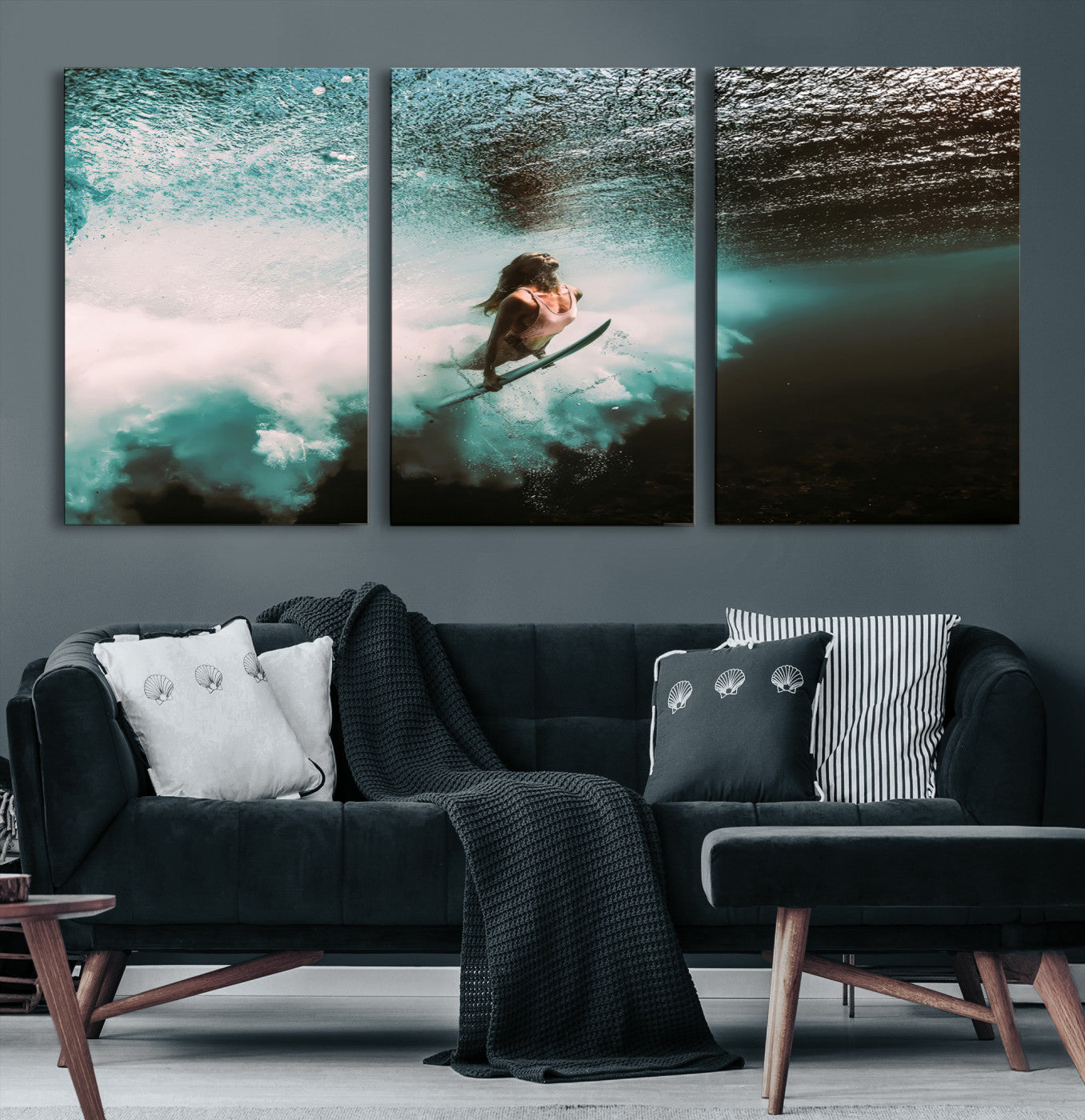 85923512-MGV-CV-40X27-Vibrant Aquatic Motion Wall Art Canvas Print, Framed Underwater Swimming Art Picture Print, Female Surfer Diving Perfect Coastal Boho Decor,